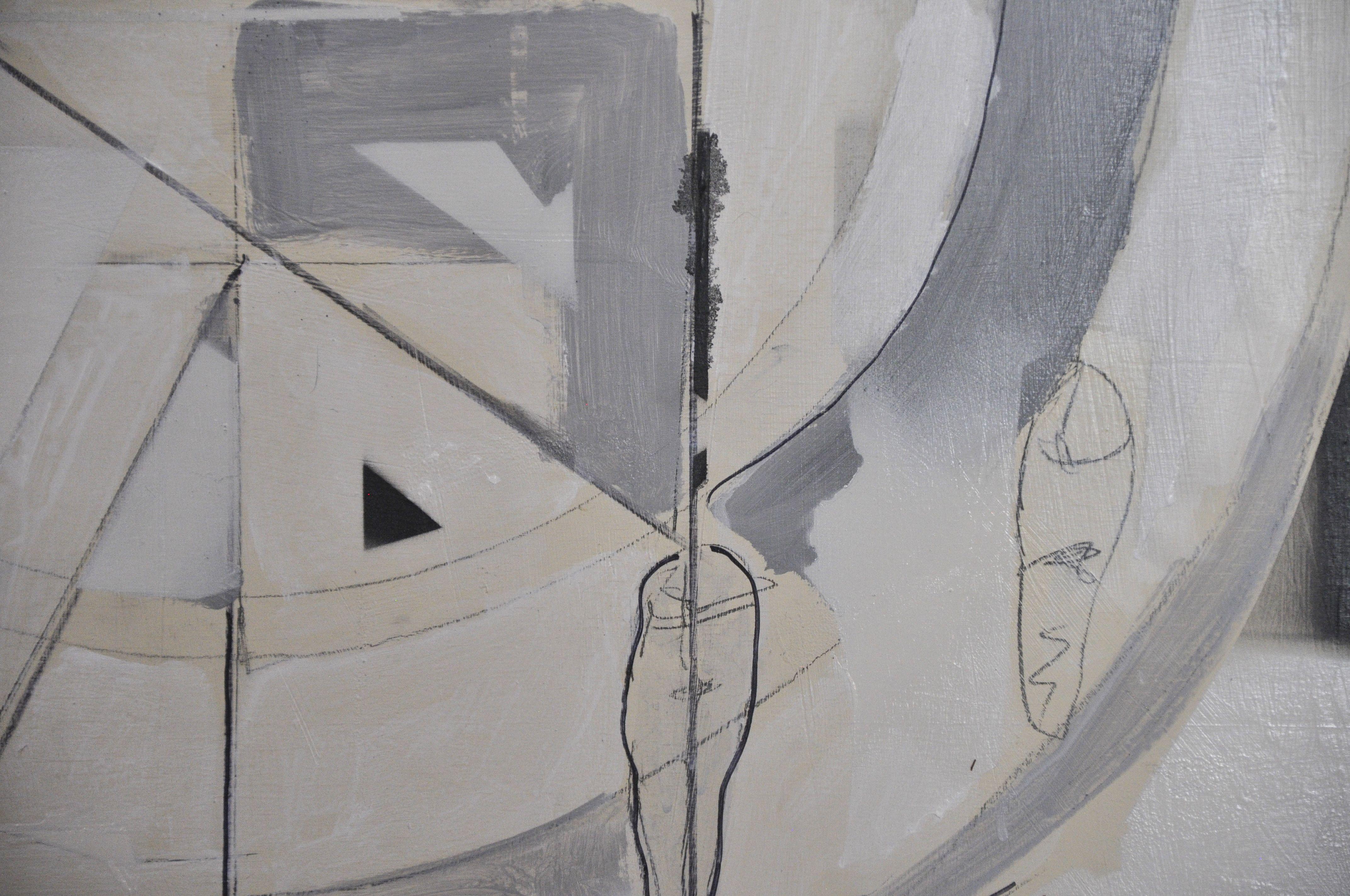 Scudo bianco, Pittura, Olio su pannello di Wood - Abstract Painting Grigio di Kevin Brewerton