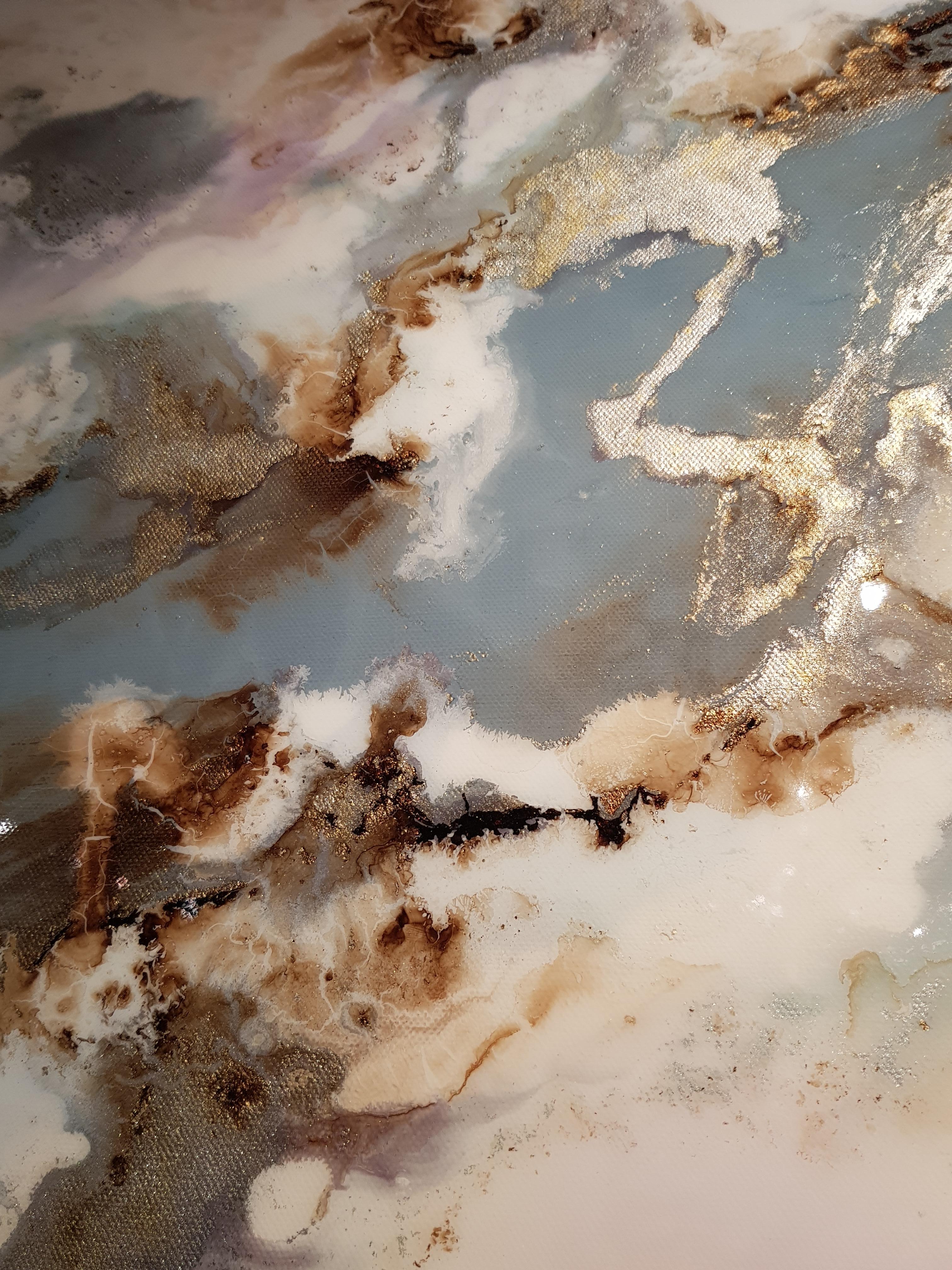 'Silver Clouds' Abstract Contemporary painting, silver, white, gold, copper For Sale 1