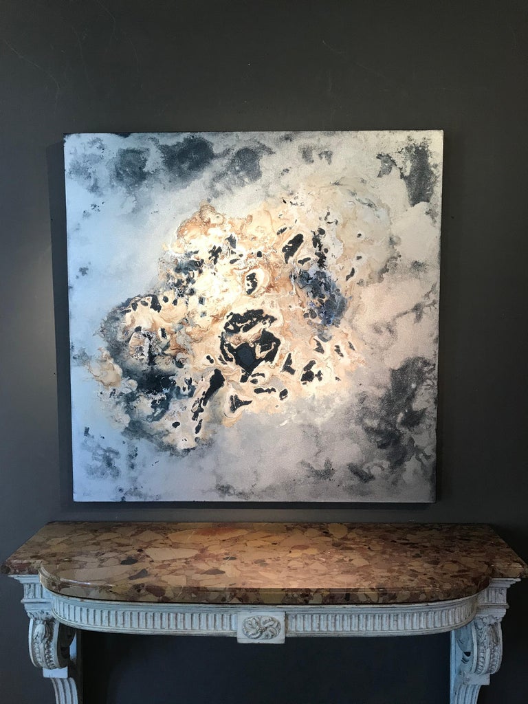 Kevin Burton Silver and Gold Mixed Media Contemporary Abstract Painting 'Geode' by Kevin