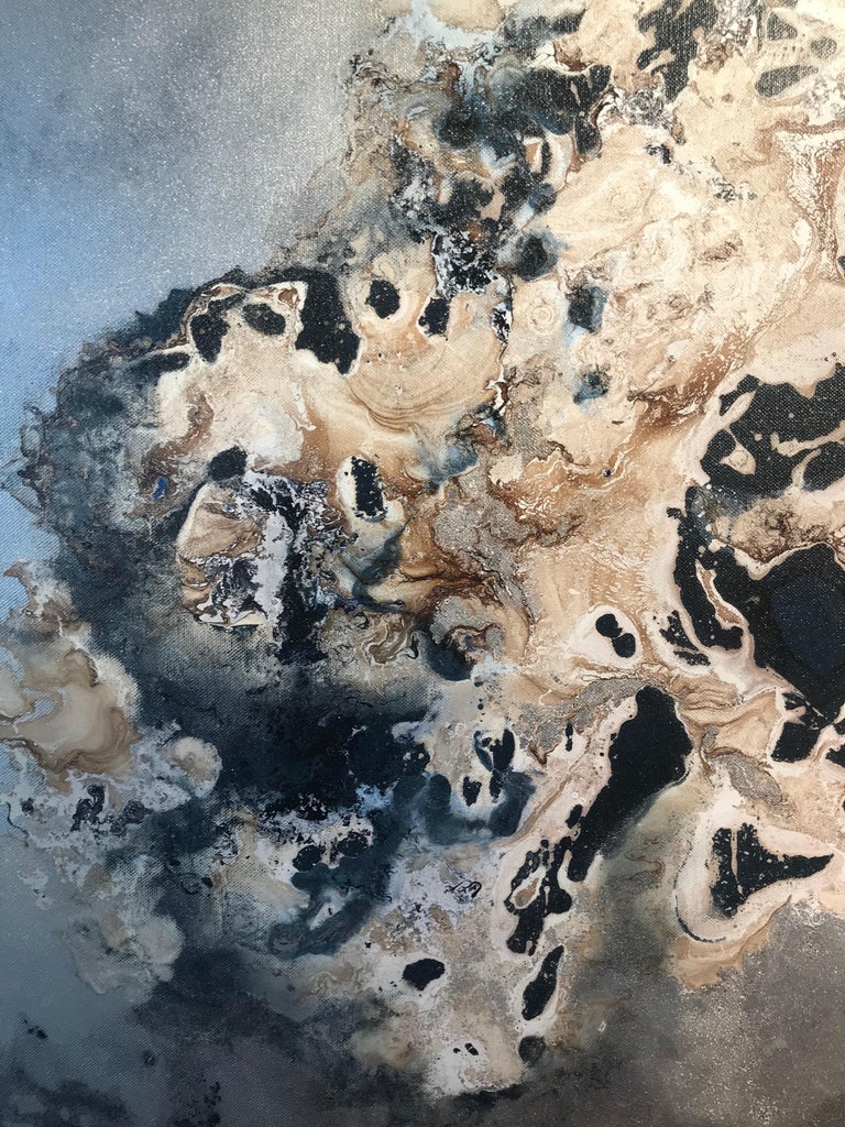 Kevin Burton Silver and Gold Mixed Media Contemporary Abstract Painting 'Geode' by Kevin