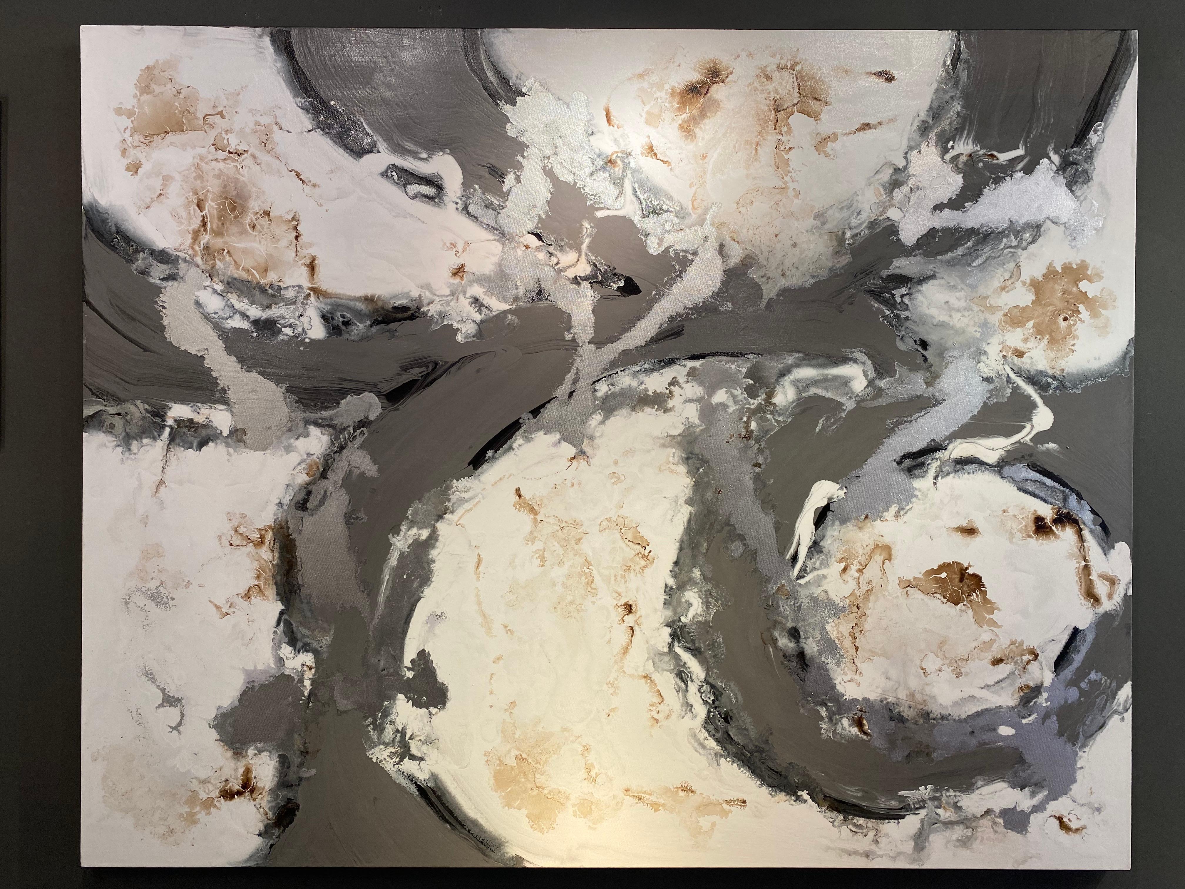 Abstract Contemporary Painting of swirls of grey, white and gold. Colourful work that would be an amazing addition to any collection. 'Silver Shadows' by Kevin Burton. 
