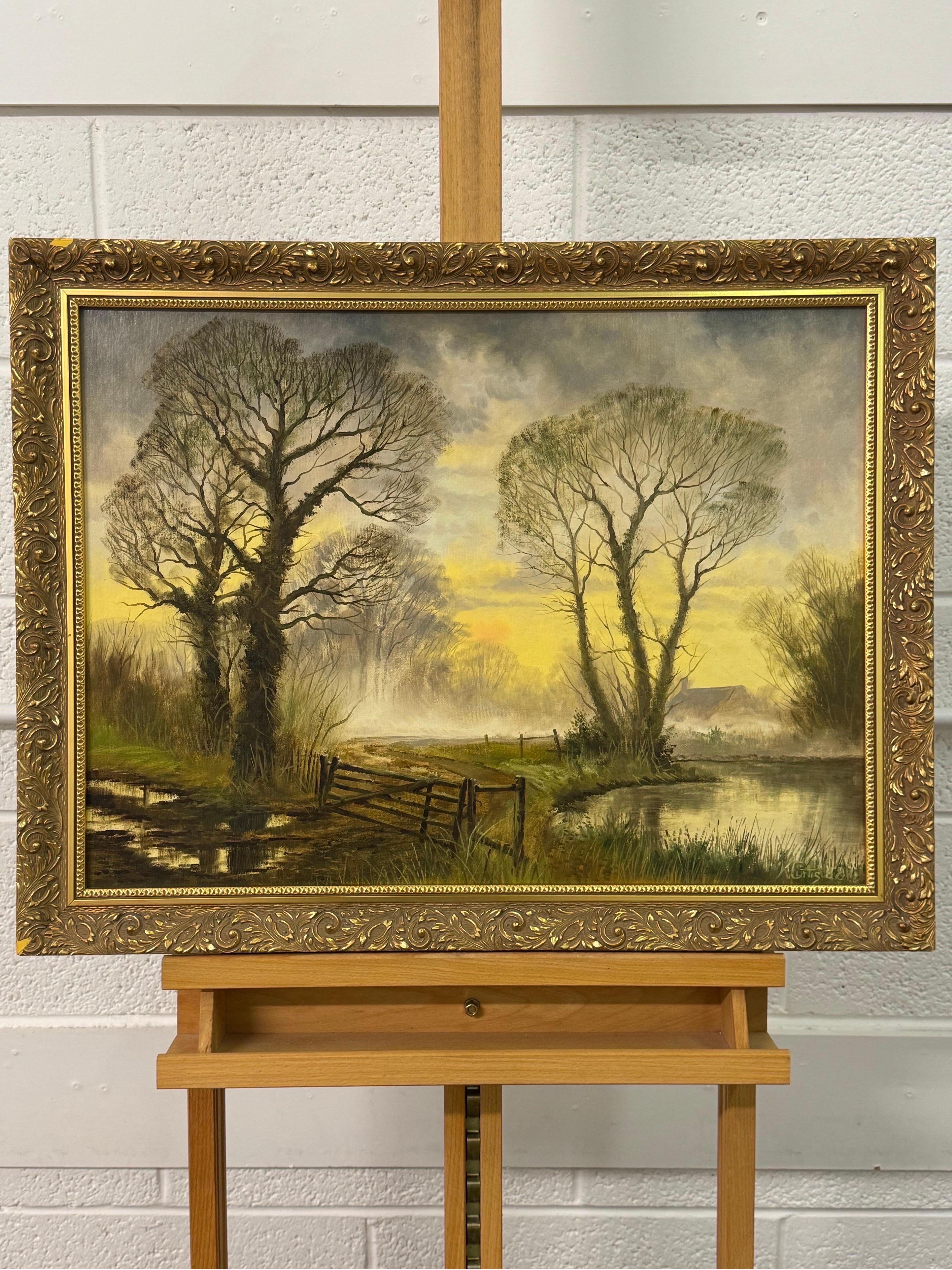Nebbia lunare all'alba con alberi invernali in un villaggio rurale nella campagna inglese - Painting Realismo di Kevin Curtis
