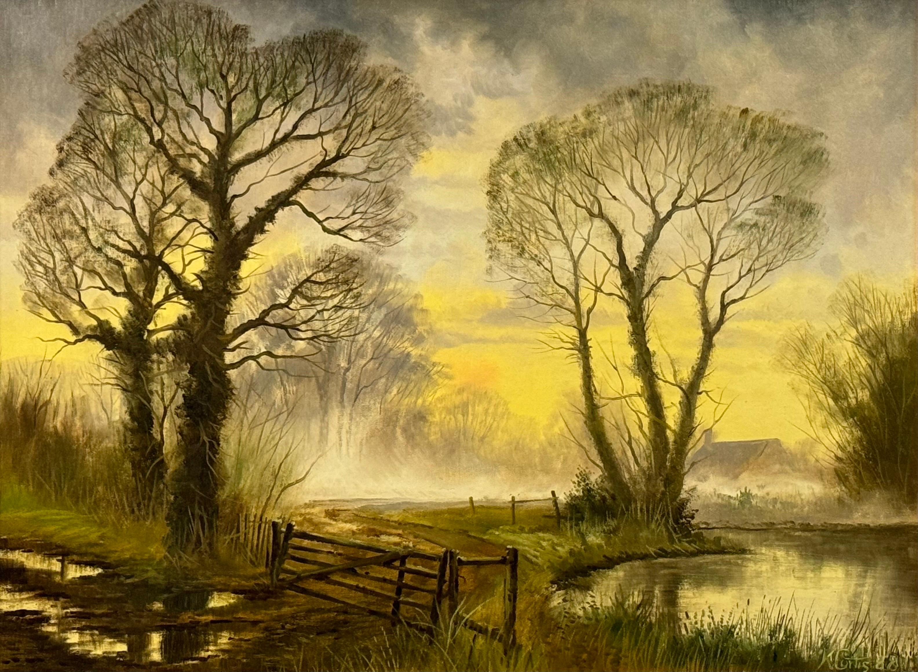 Nebbia lunatica all'alba con alberi invernali in un villaggio rurale nella campagna inglese dell'artista britannico Kevin Curtis (1958-2009)

L'arte misura 24 x 18 pollici
La cornice misura 28 x 22 pollici

Pittura a olio originale vintage firmata