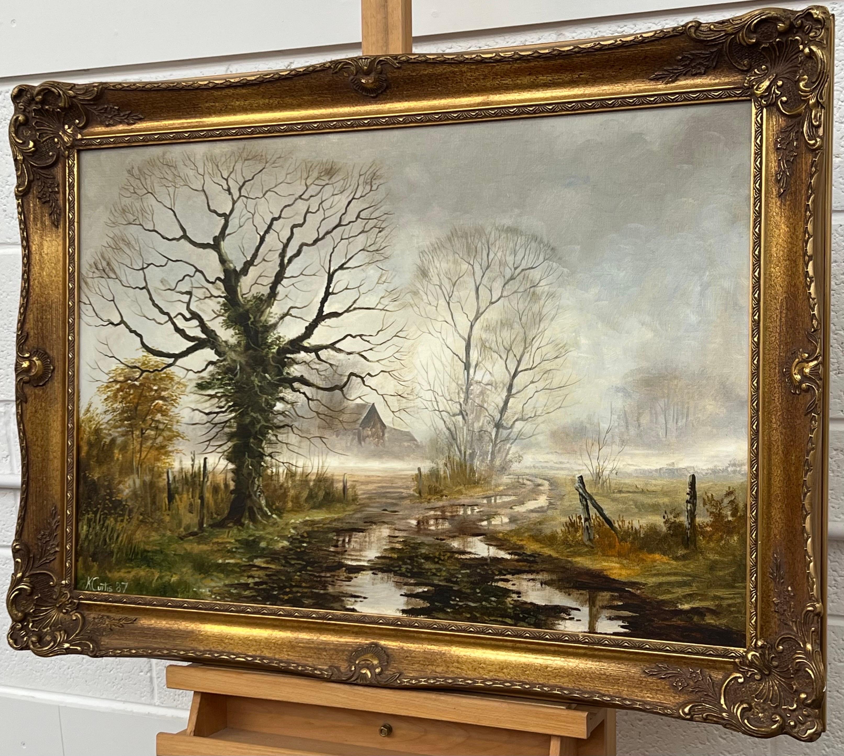Lane's in inverno nel Suffolk, nella campagna inglese, di un artista britannico - Landscape Painting Marrone di Kevin Curtis