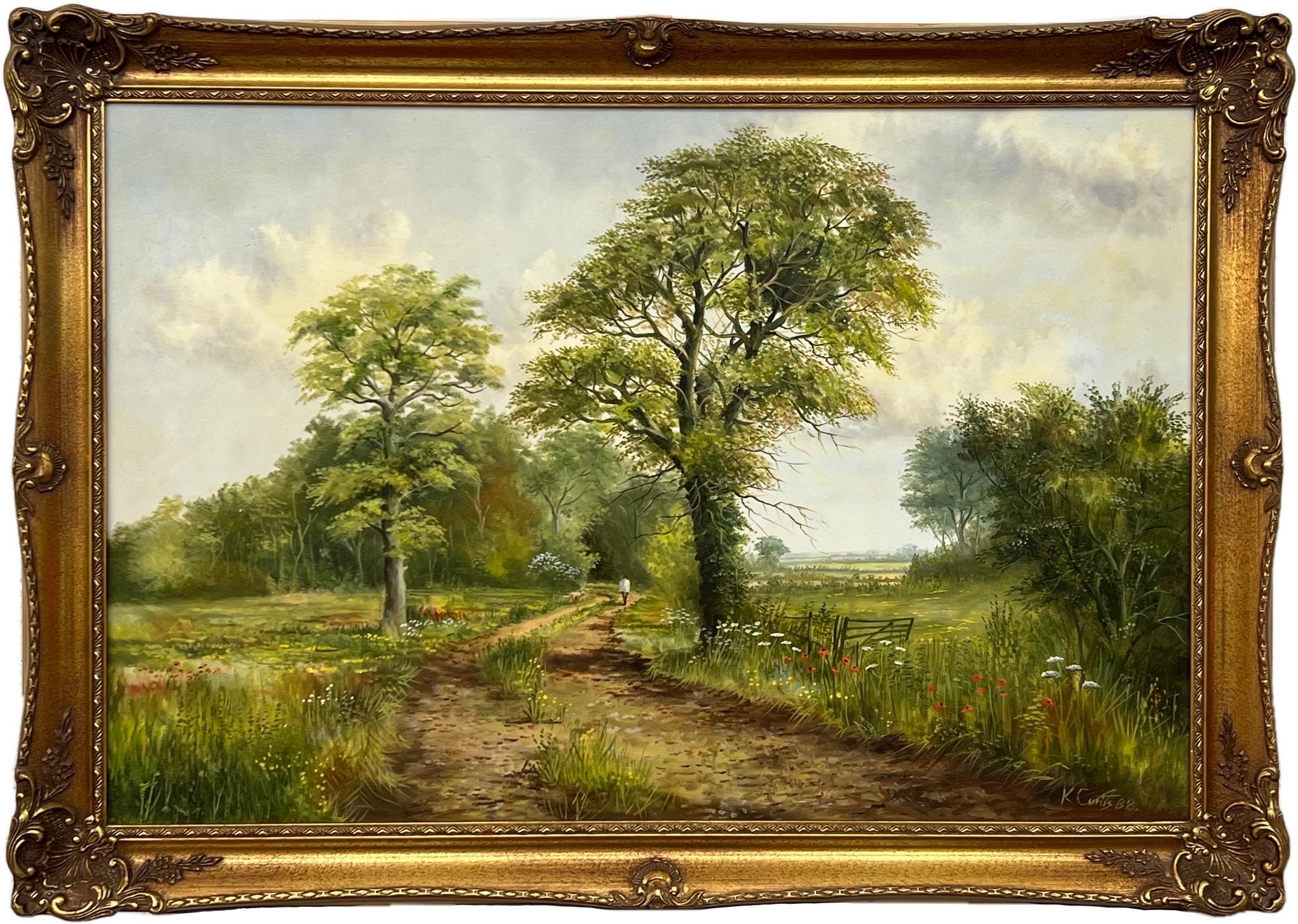 Summer Walk in a Rural Village in the English Countryside by British Artist - Painting by Kevin Curtis