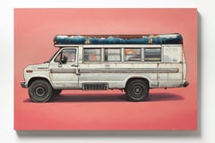 "Cornelia", peinture à l'huile d'un bus blanc d'époque sur fond rose corail