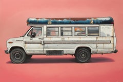 "Cornelia", peinture à l'huile d'un bus blanc d'époque sur fond rose corail
