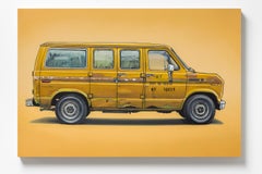 "Thompson", profil latéral d'une camionnette vintage jaune sur fond moutarde