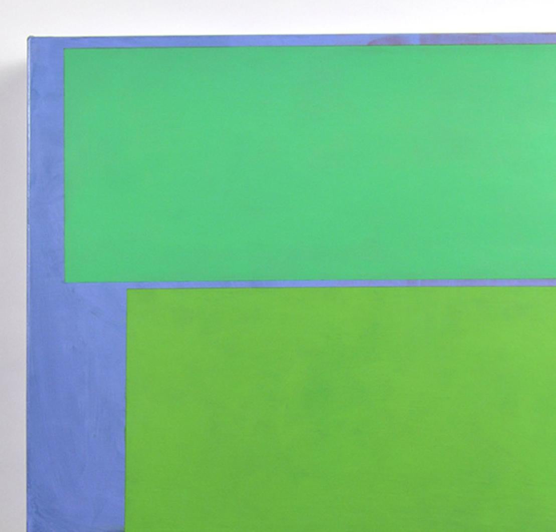 Hunter #1 is primarily blue, lavender, and green. The top piece of this diptych is acrylic on canvas. The bottom is acrylic on poplar and birch veneer plywood.

Kevin Finklea’s painted geometric sculptures are directed with the artists care to form