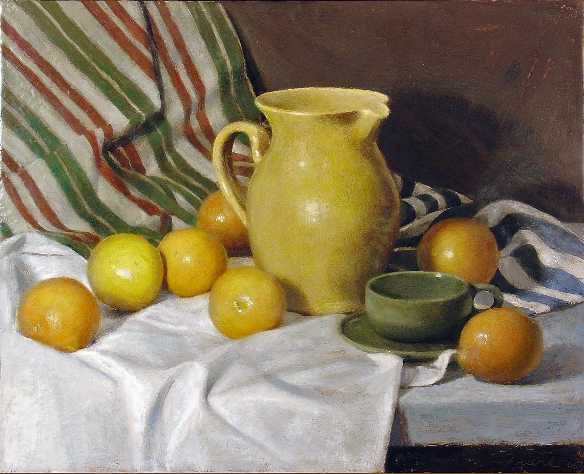 Kevin Frank Figurative Painting - Oranges with Yellow Pitcher