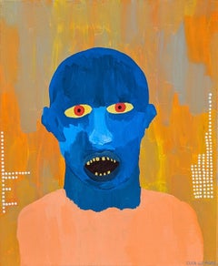 "Blue Fugates" Peinture contemporaine figurative à l'extérieur, dans les tons bleu et orange