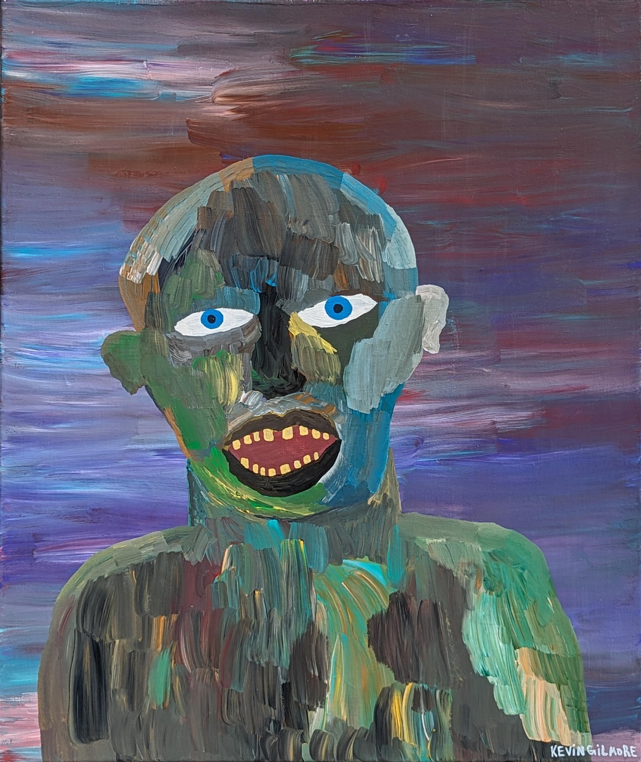 Kevin Gilmore Portrait Painting – "By myself" Zeitgenössische lila getönte Outsider Art figurative Portrait Malerei