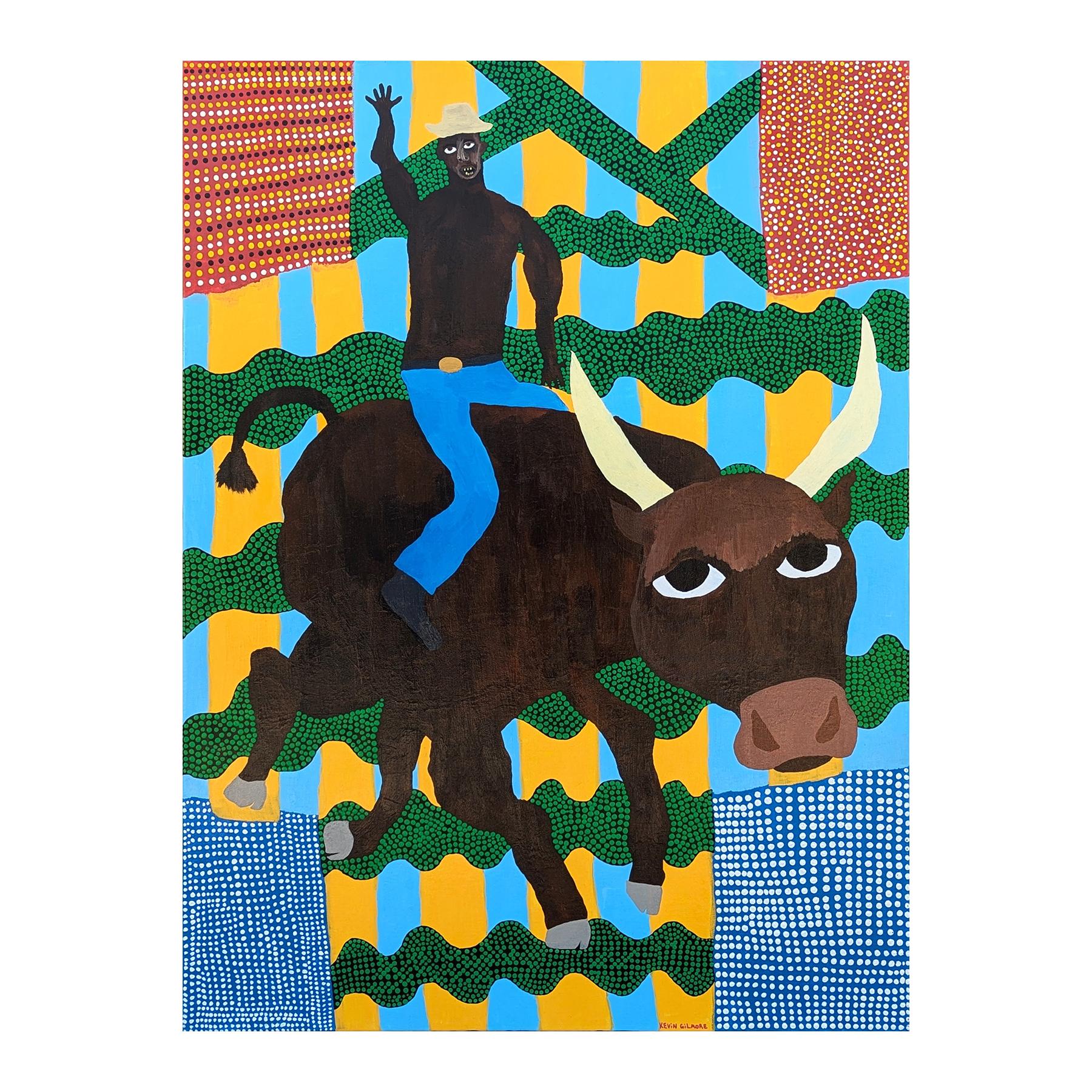 Contemporary colorful Western inspired painting by Houston based artist Kevin Gilmore. The work features a Black male figure riding a bull set against a red, green, yellow, and blue patterned background. Signed in the front lower right corner.