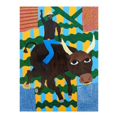 "Let's ride" Contemporary Colorful Western Black Cowboy Bull Riding Painting