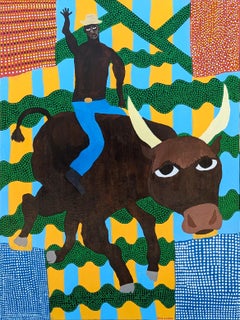 "Let's ride" Contemporary Colorful Western Black Cowboy Bull Riding Painting
