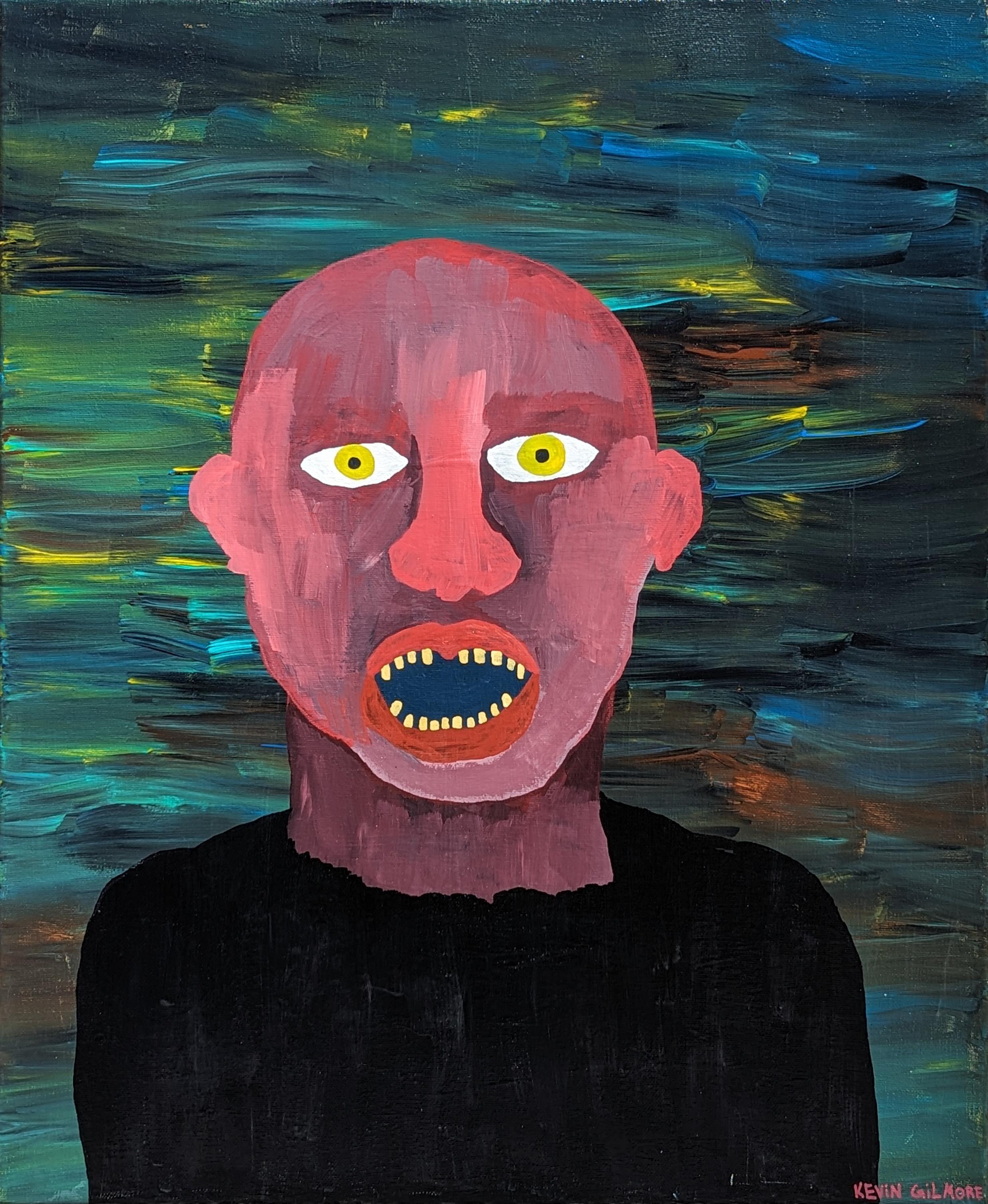 Portrait Painting Kevin Gilmore - "Homme dans l'étang" Peinture figurative contemporaine de l'extérieur en tons rouges et verts