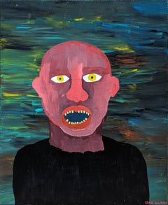"Homme dans l'étang" Peinture figurative contemporaine de l'extérieur en tons rouges et verts