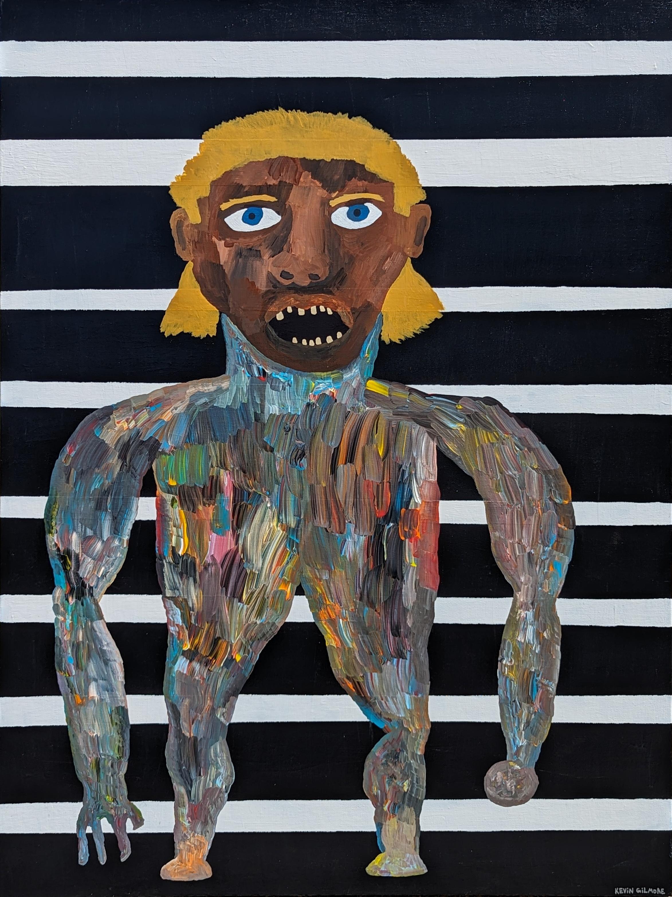 Kevin Gilmore Figurative Painting - "Mullet Man" Contemporary Striped Outsider Art Figurative Portrait Painting