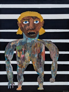 "Mullet Man" Contemporary Striped Outsider Art Figurative Portrait Painting