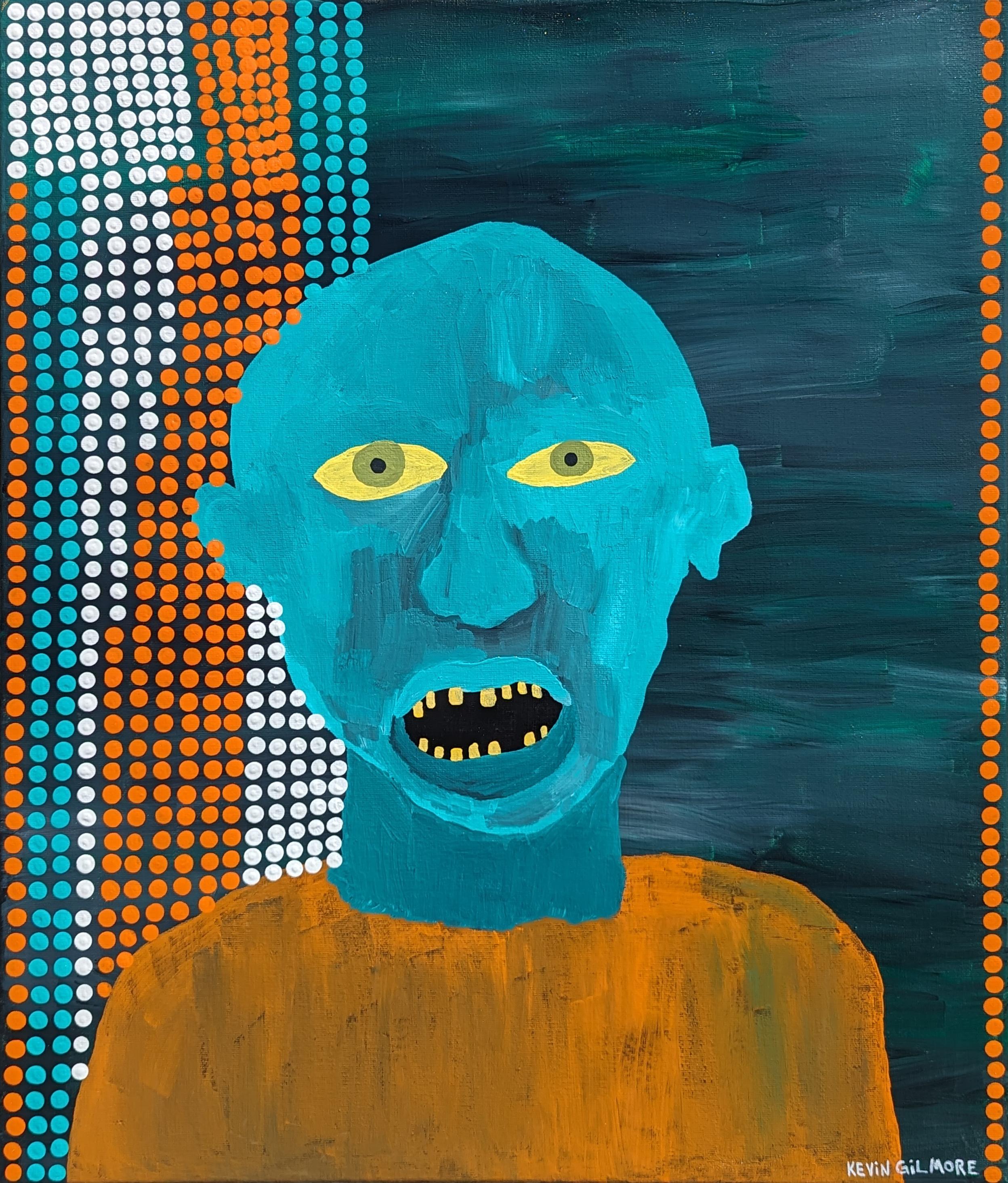 Portrait Painting Kevin Gilmore - "Papunya" Peinture contemporaine de portrait figuratif à l'extérieur dans les tons sarcelle et orange