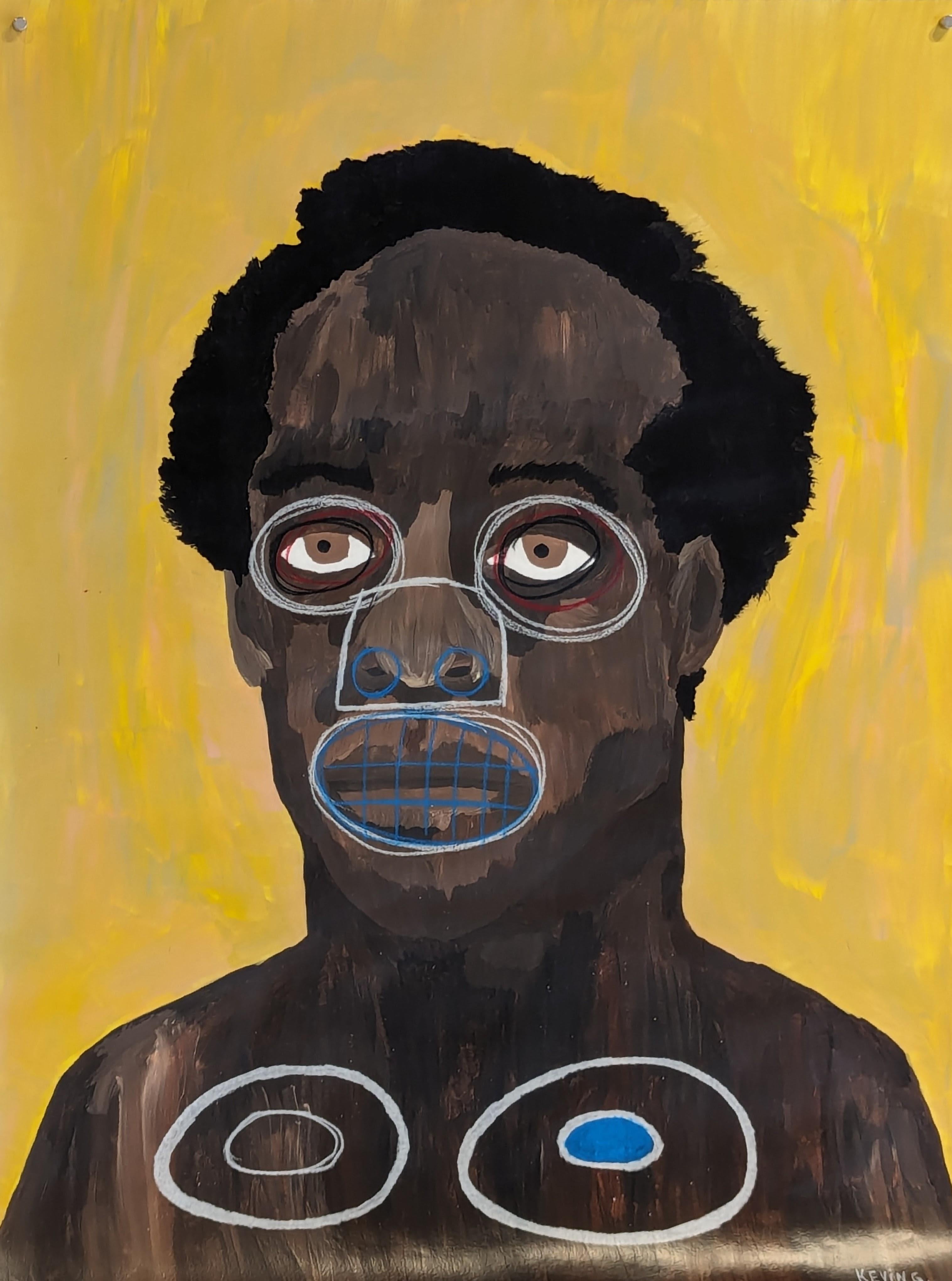 Kevin Gilmore Figurative Painting – "Sam Sharpe" Contemporary Yellow Toned Outsider Art Figurative Portrait Malerei