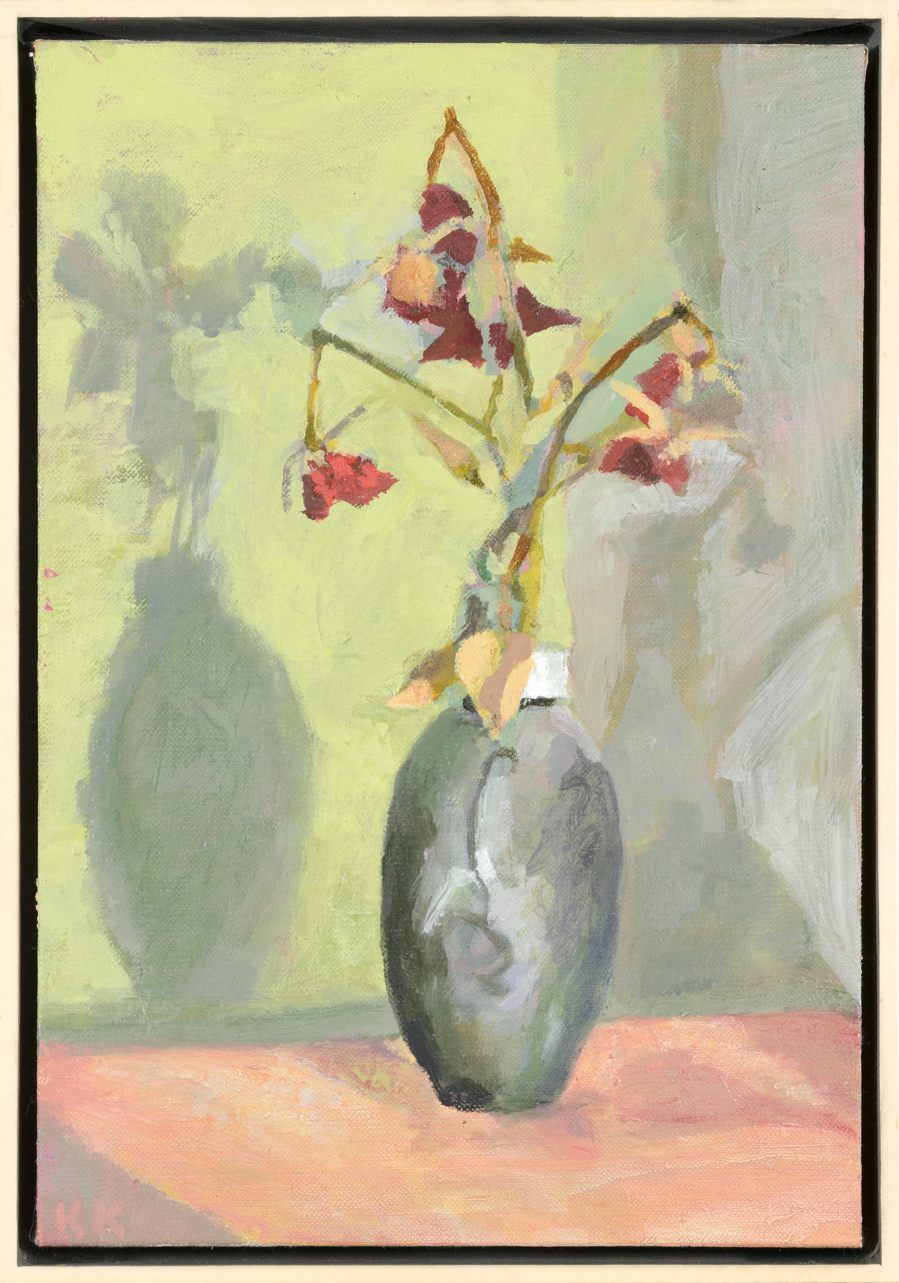 Huile sur toile « Drie Flowers in Raku Vase » - Painting de  Kevin Knopp