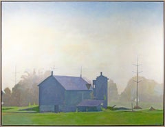 Paesaggio contemporaneo dipinto a olio rurale fienile erba mattina alberi cielo firmato