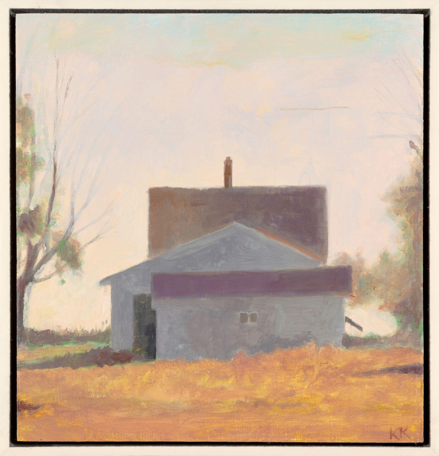 "Distant House" ist ein Original-Ölgemälde des in Wisconsin lebenden Künstlers Kevin Knopp. Er ist bekannt für seine lyrischen Landschaften und sensiblen Stillleben, die von dem beeinflusst sind, was der Künstler "das Unheimliche und Übersehene in