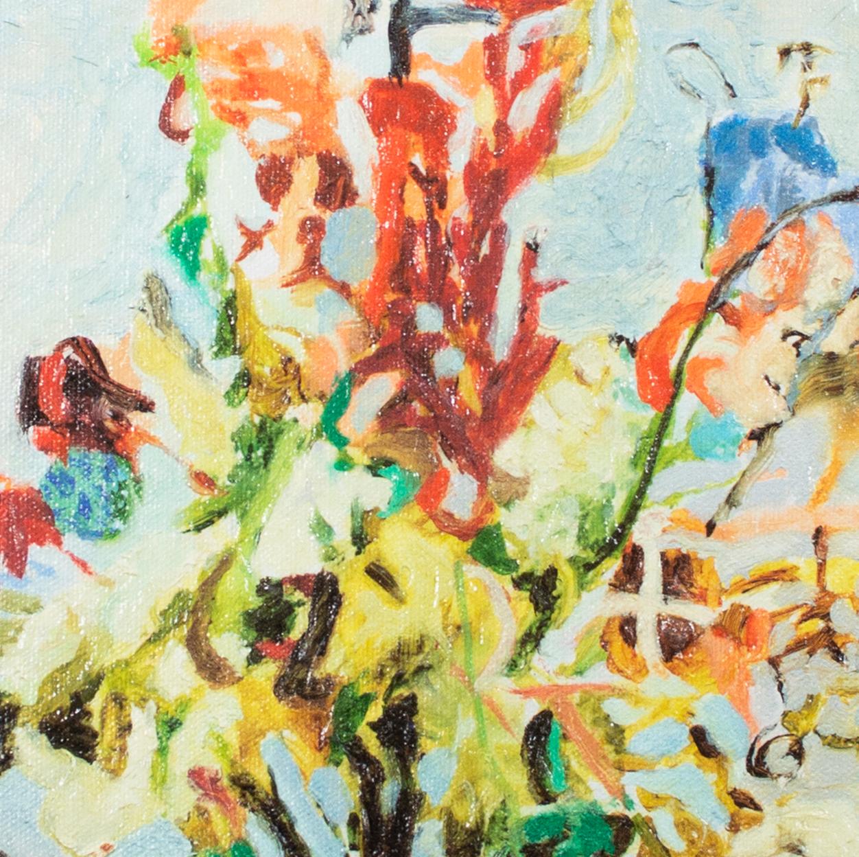 Dieser Gicléedruck auf Leinwand ist mit Acrylgel-Pinselstrichen nach dem Original-Ölgemälde von 2001 von Hand verschönert. Dieses schöne Kunstwerk, das bunte Blumen in einer Vase zeigt, strahlt den Frühling und den Muttertag aus. Mit einem Preis von