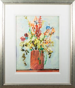 Dried Flowers in einer Steingutvase mit Giclee-Druck in Frühlingsfarben als Geschenkdekoration für Mutter