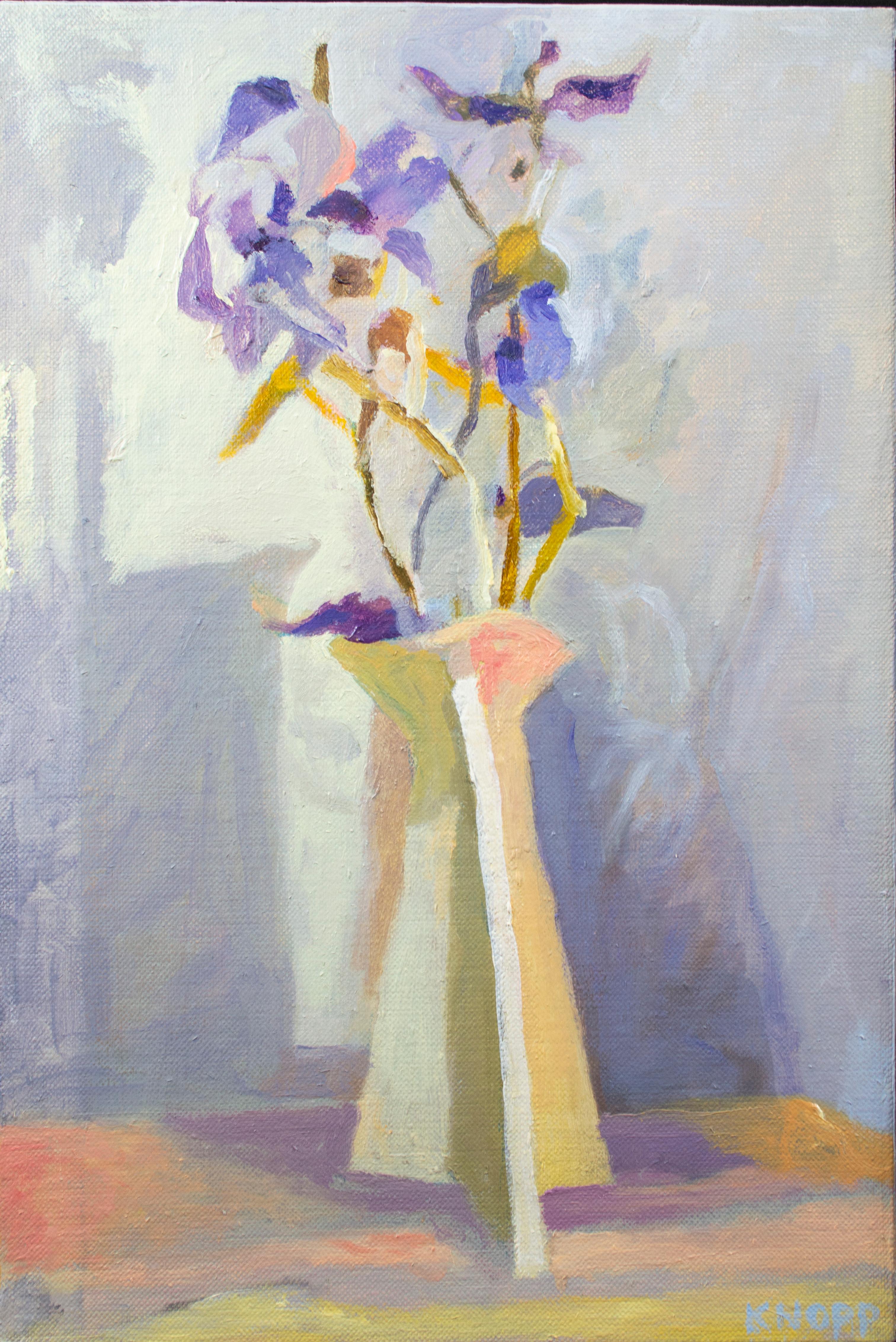 'Dried Flowers in a Stoneware Vase' is an original still life in oil signed by the Midwestern artist Kevin Knopp. In the still life, the natural forms of the purple flowers rise up from the geometric forms of the base below, with its shadow case
