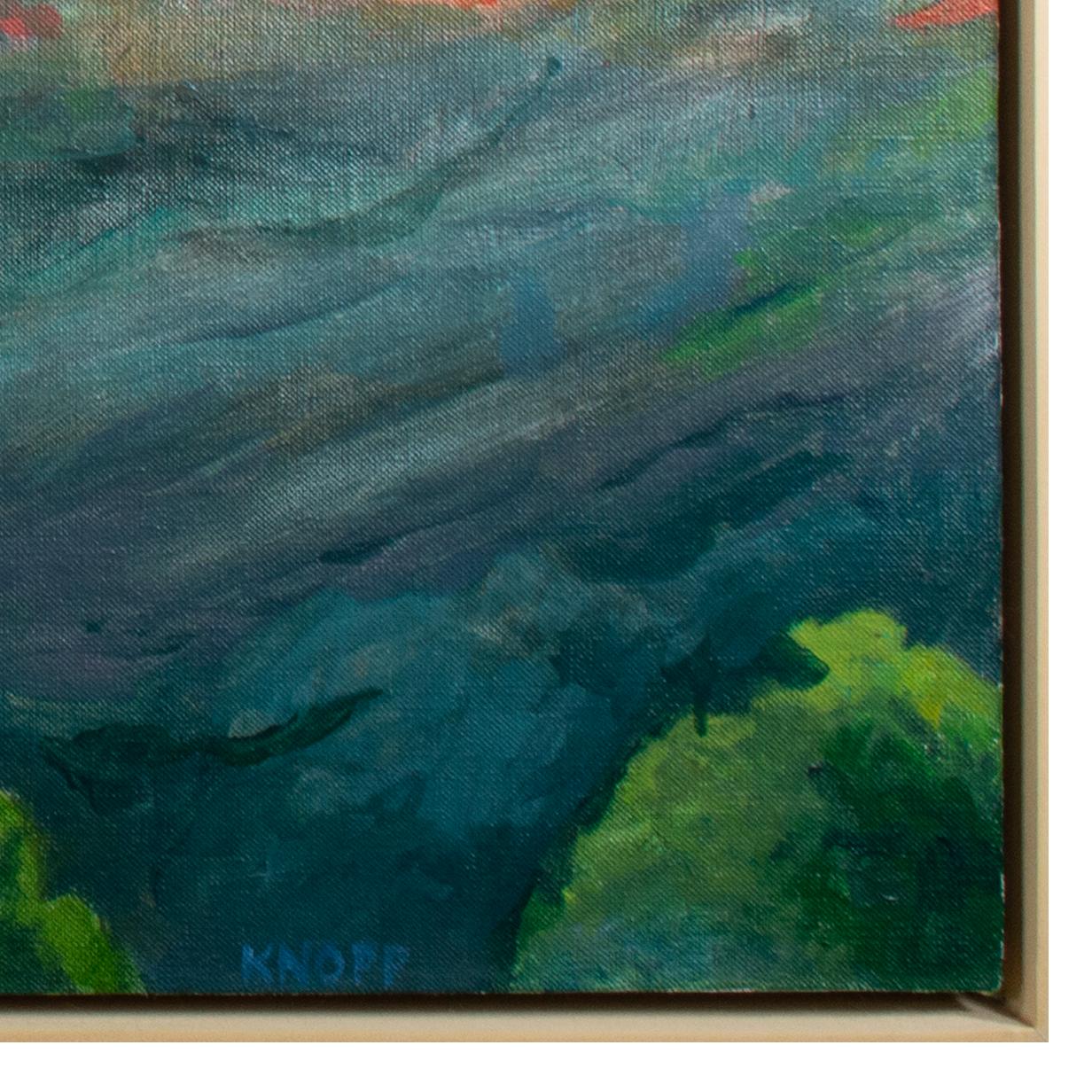 Paisaje contemporáneo pintura al óleo colorido montañas bosque cielo firmado - Still-Life Painting Beige de Kevin Knopp
