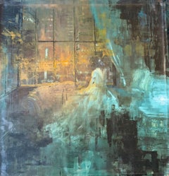 Window into the streets, Original Abstract Figurative-cityscape-oil painting