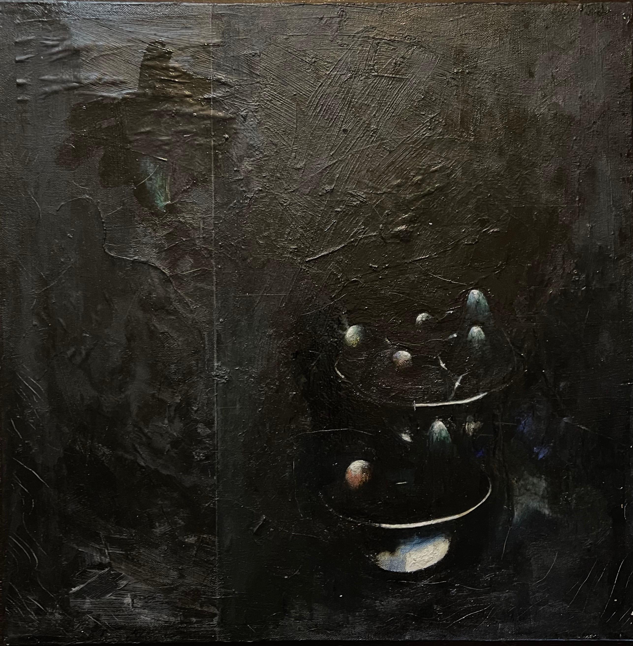 Minimalista  Pittura a olio nera, collage, tecnica mista su tela Kevin Larmon in vendita 2