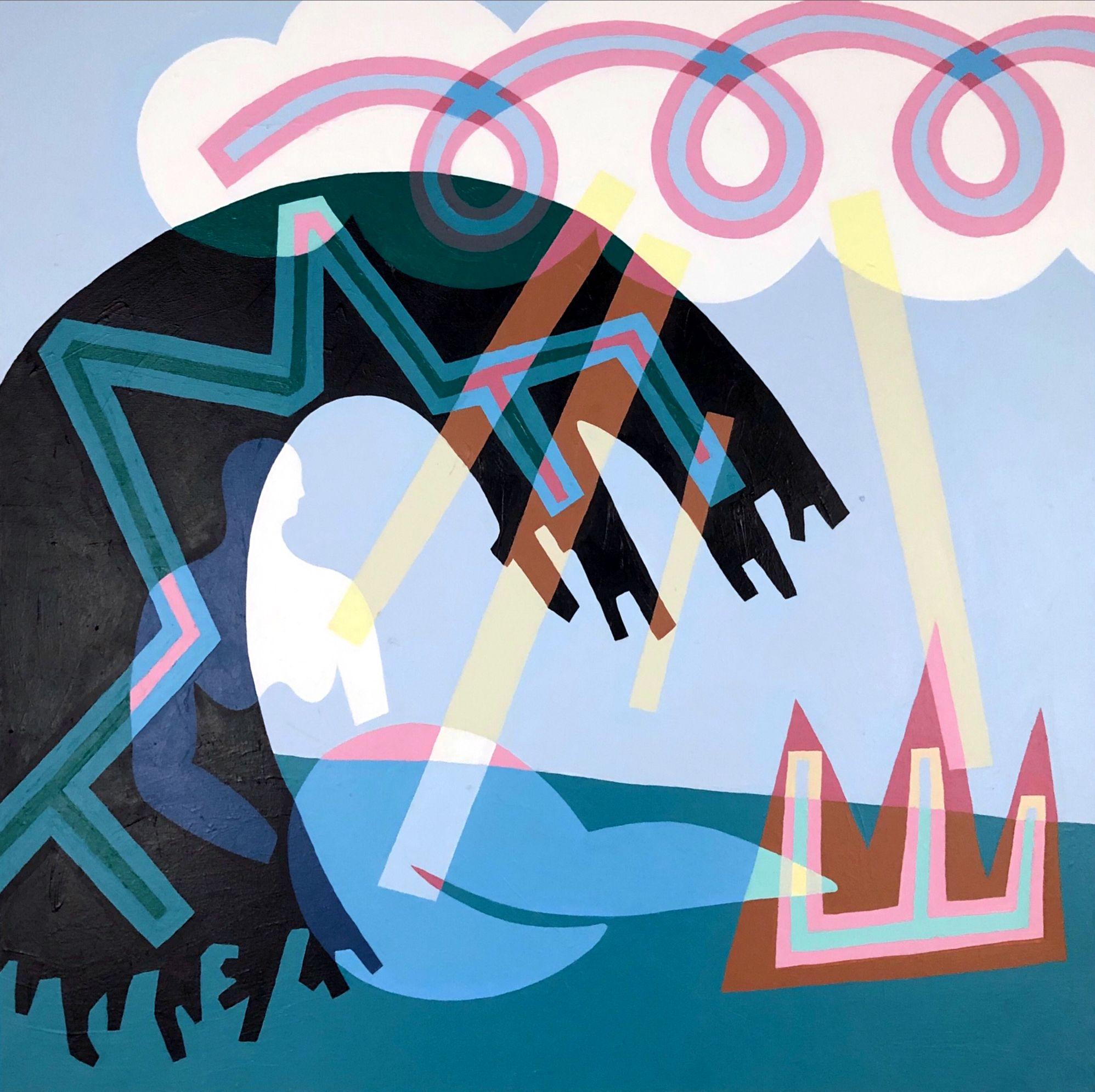 In this painting I play with the representation of the figure and the landscape through simple overlapping shapes and symbols to illustrate a sense of interconnectedness.  I use clean lines to help the shapes carry over from one colour to the next,