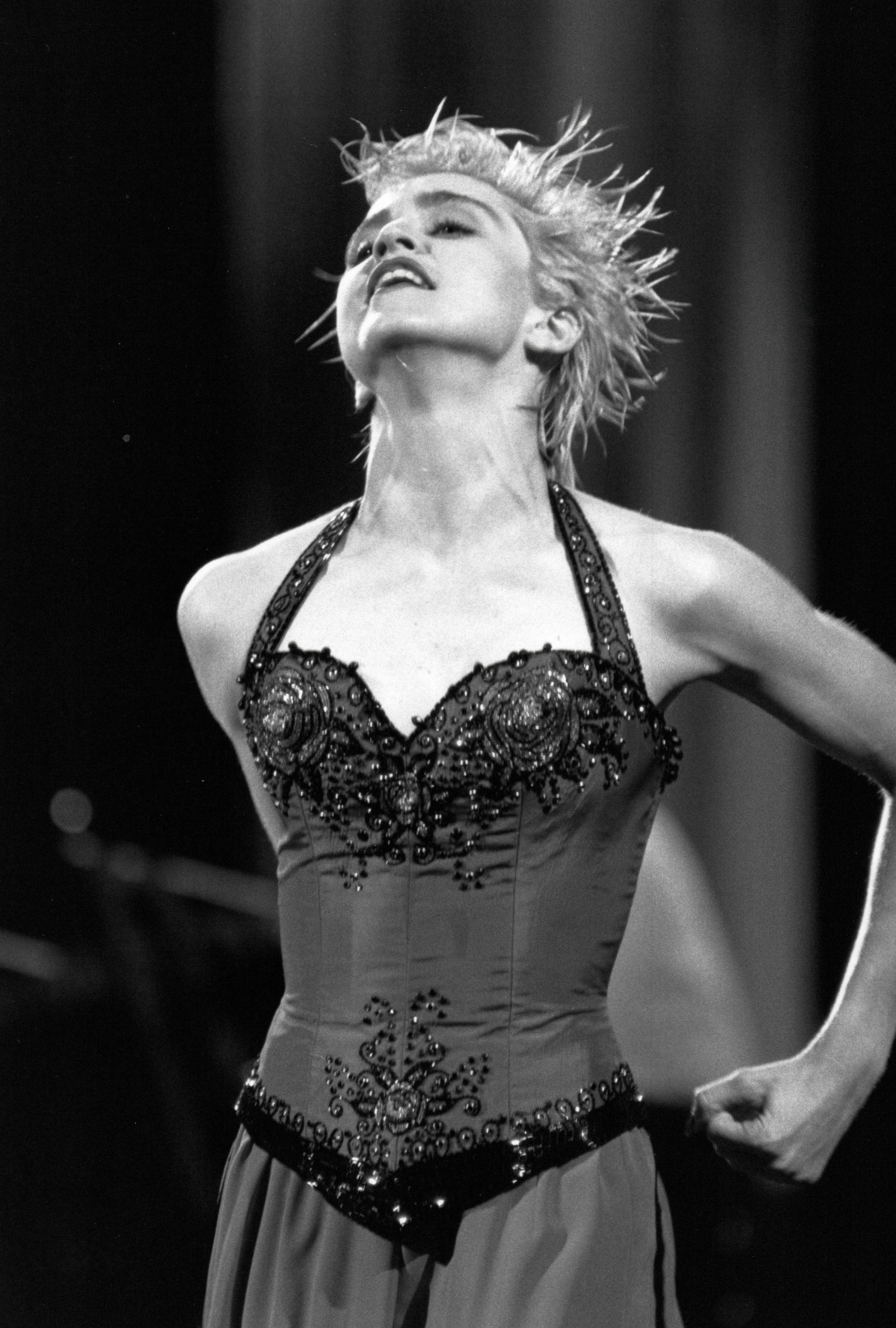 Kevin Mazur Portrait Photograph - Madonna Throwing Head Back on Stage Vintage Original Photograph