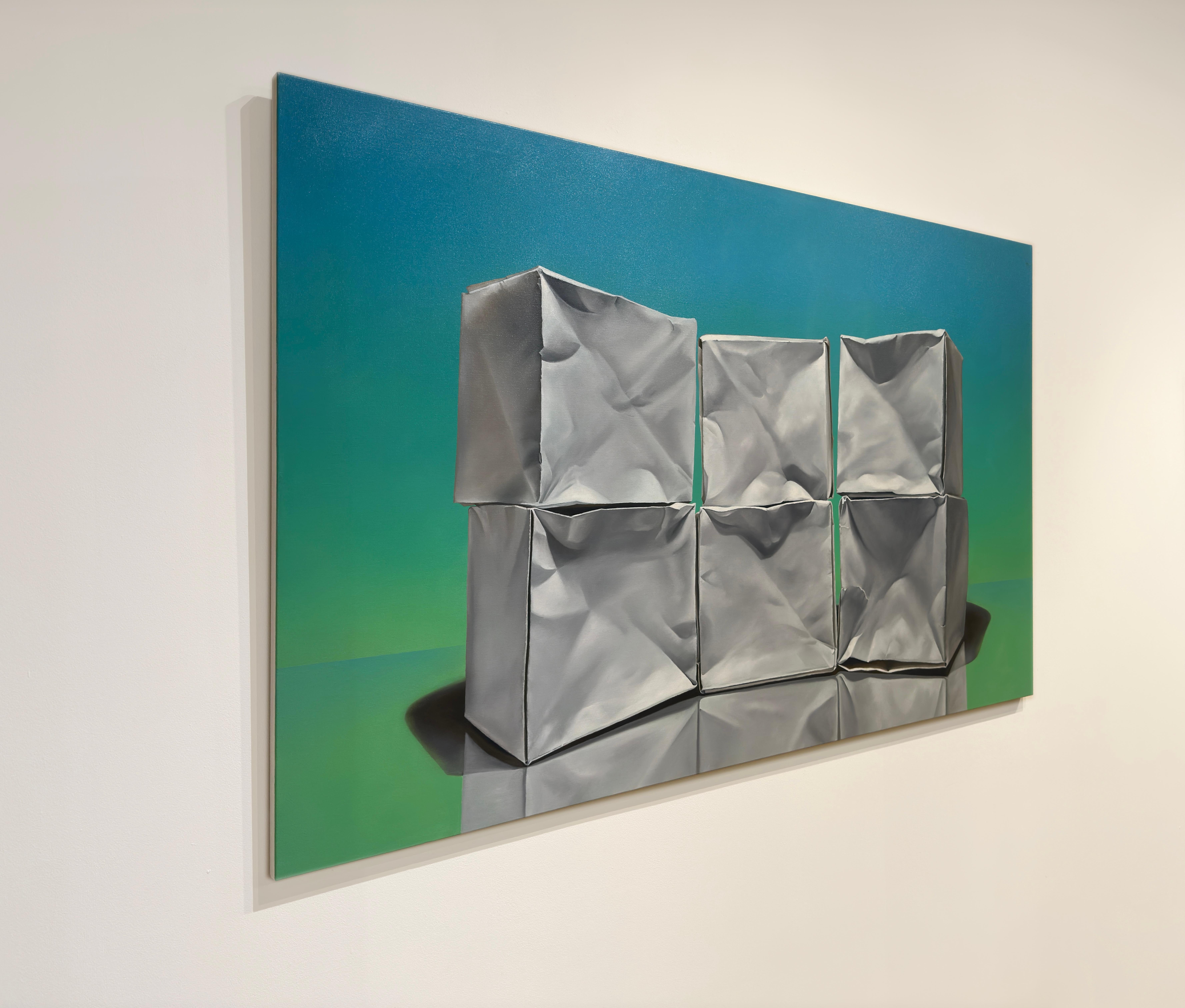 CUMULUS - Contemporary Realism / Stillleben mit Origami / High Color Blue-Green (Zeitgenössisch), Painting, von Kevin Palme