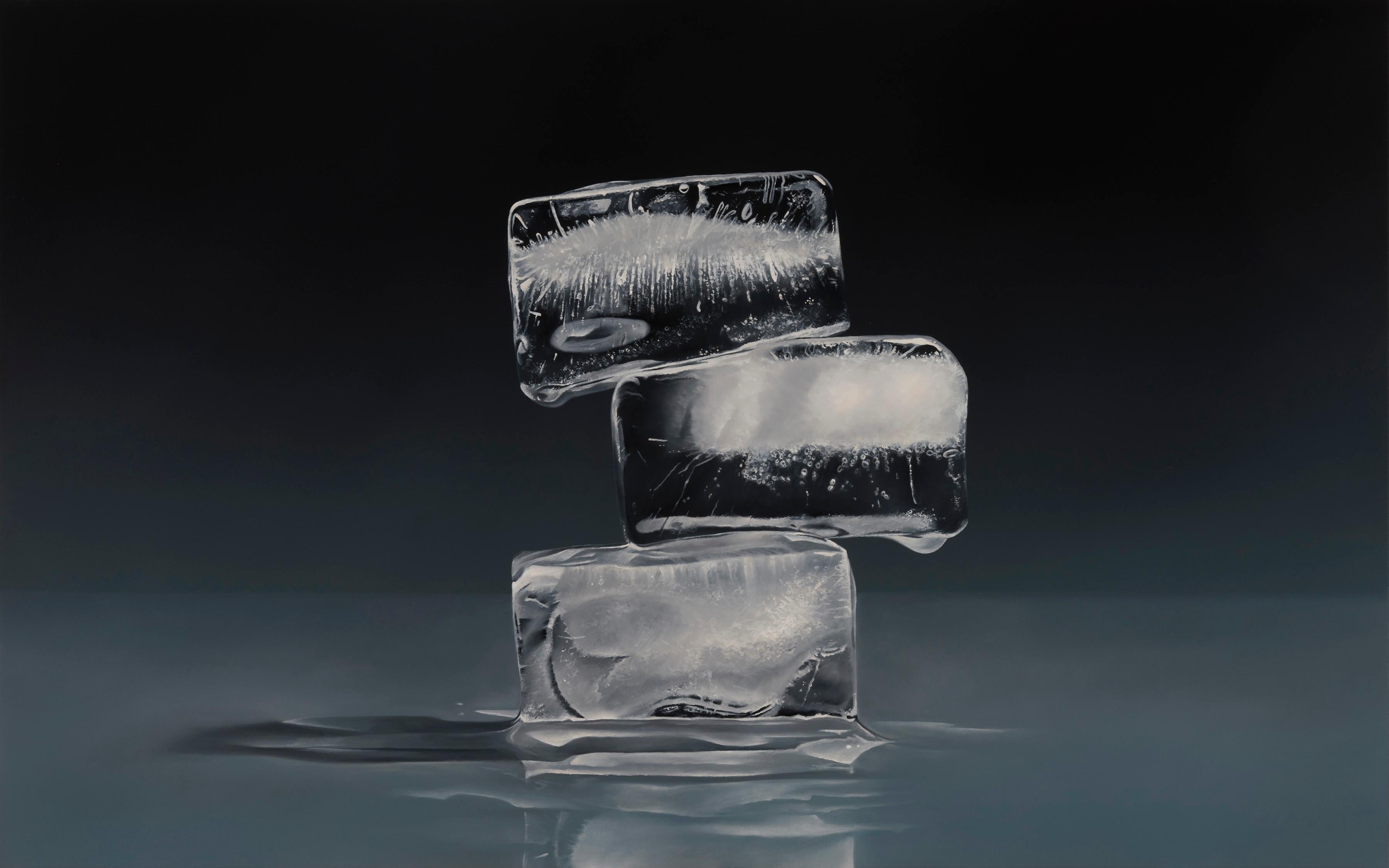 Kevin Palme Stacked ice cubes on black background, still life towering, reflections, bar For