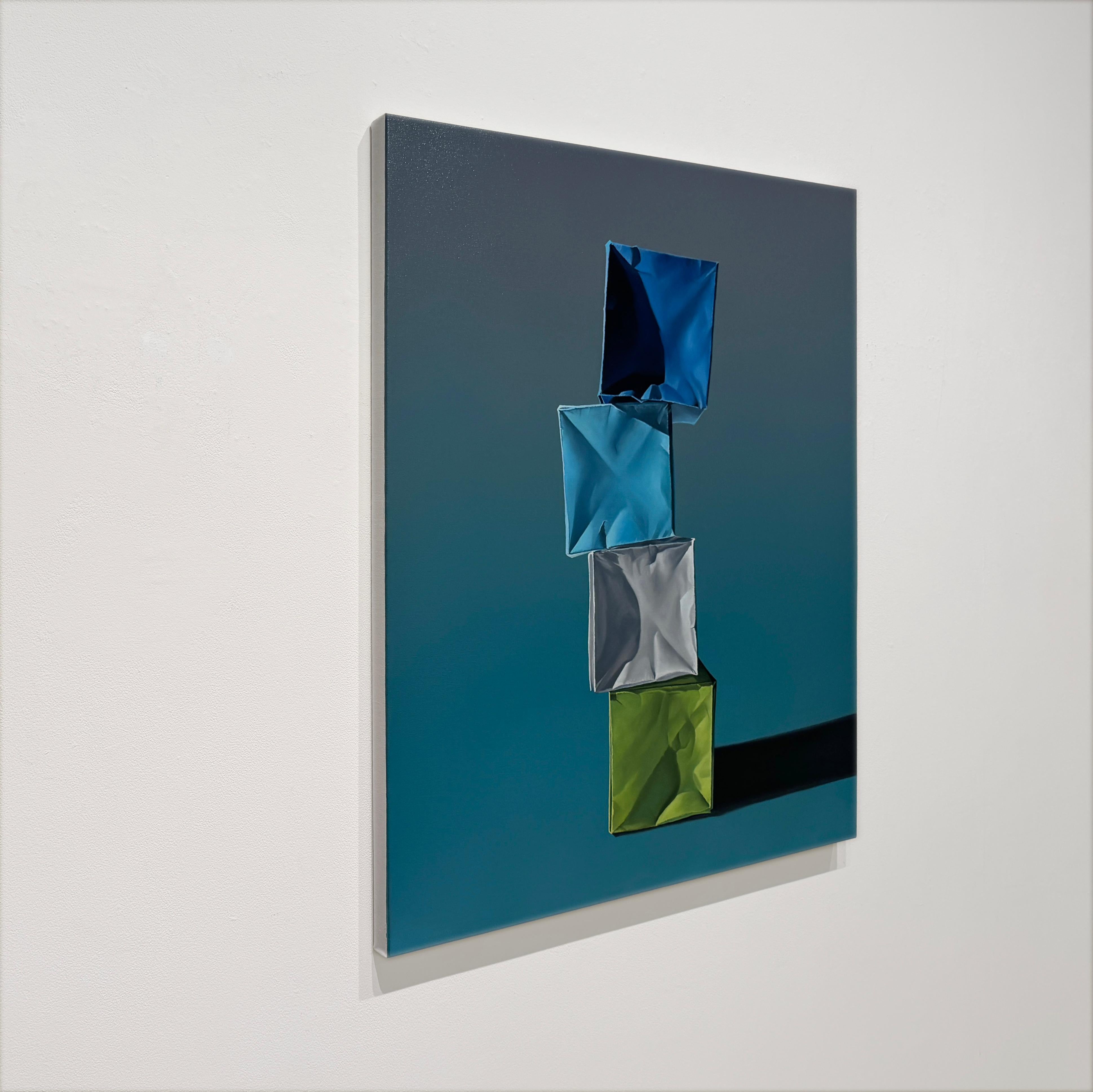 CAJAS DE PAPEL: GRADIENTE FRÍO SOBRE GRIS FRÍO - Bodegón / Origami / Realismo - Painting Contemporáneo de Kevin Palme