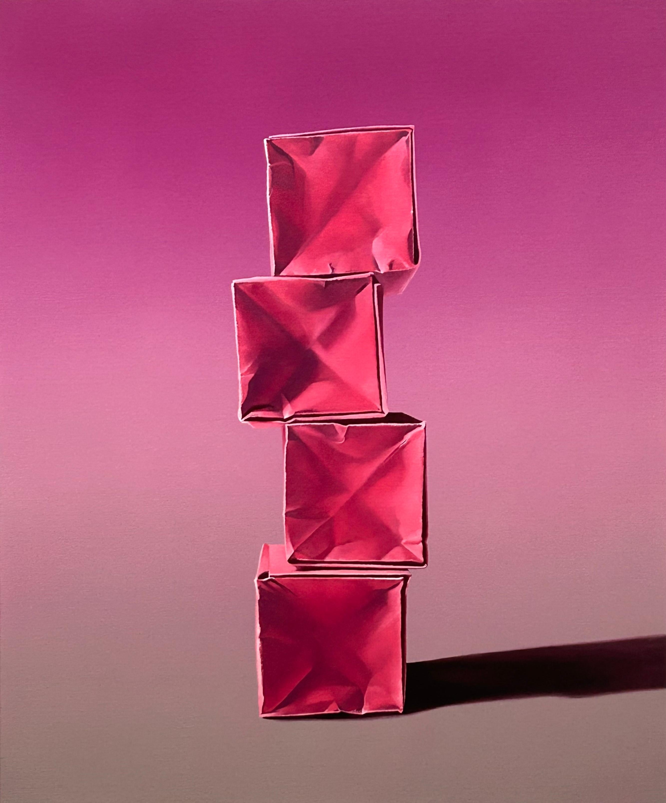 Still-Life Painting de Kevin Palme - CAJAS DE PAPEL: PINK MONOCHROME - Realismo / Naturaleza muerta / Origami / Ombre