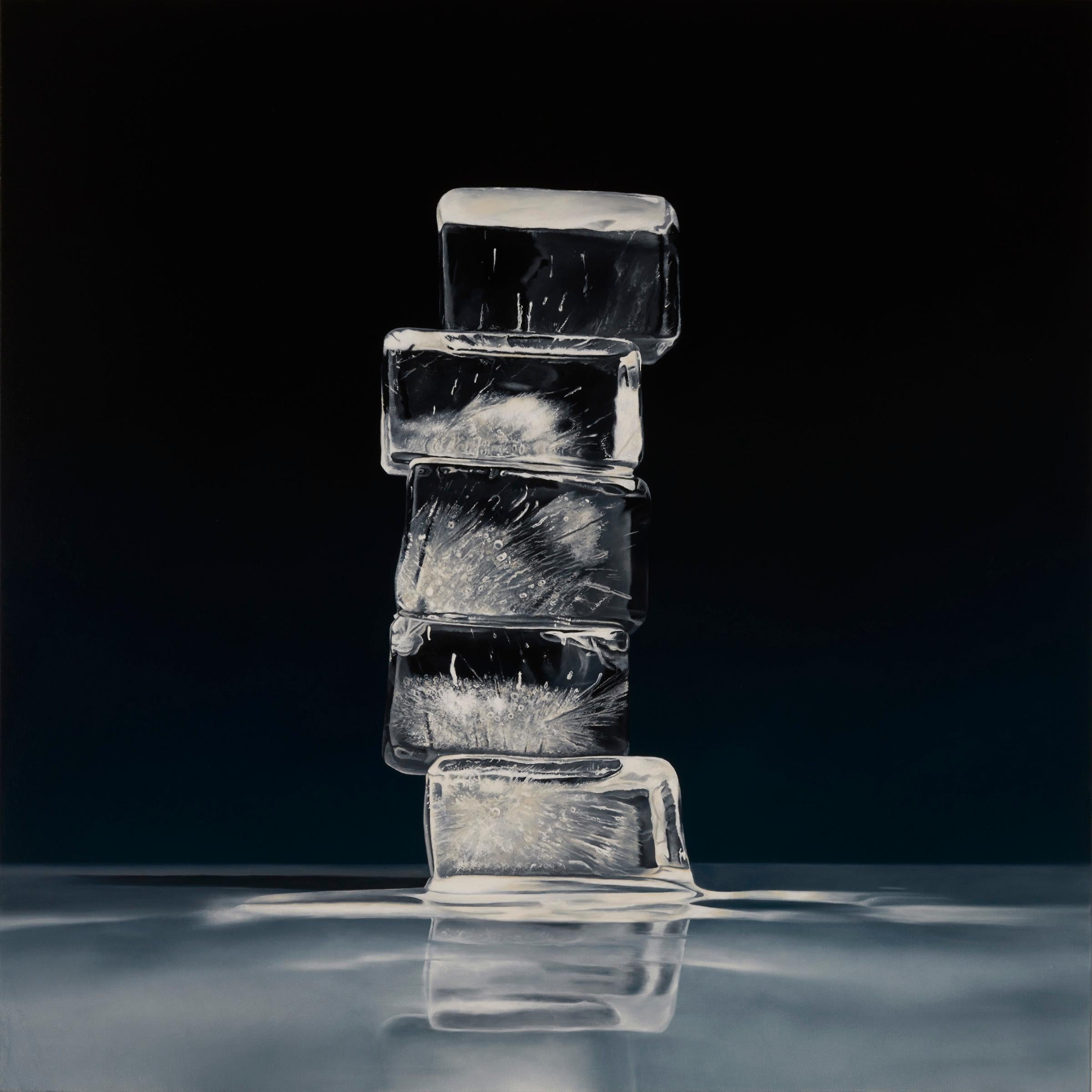 Kevin Palme DISSOLVE, Stacked ice cubes black, still life towering, reflections, cocktail For
