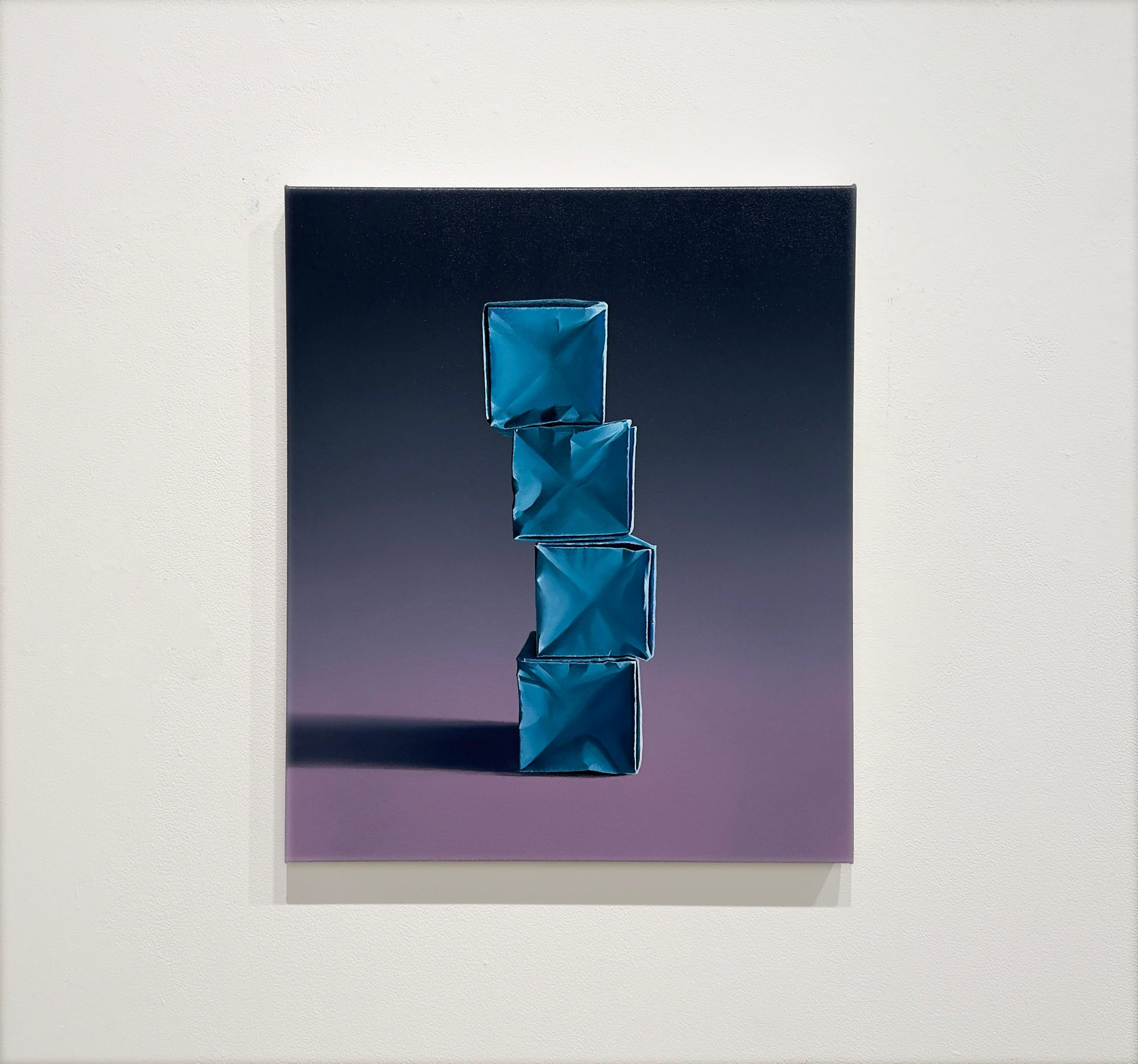 PAPER BOXES: COMPOSITION WITH A TEAL STACK ON PURPLE/GRAY GRADIENT - Painting by Kevin Palme 