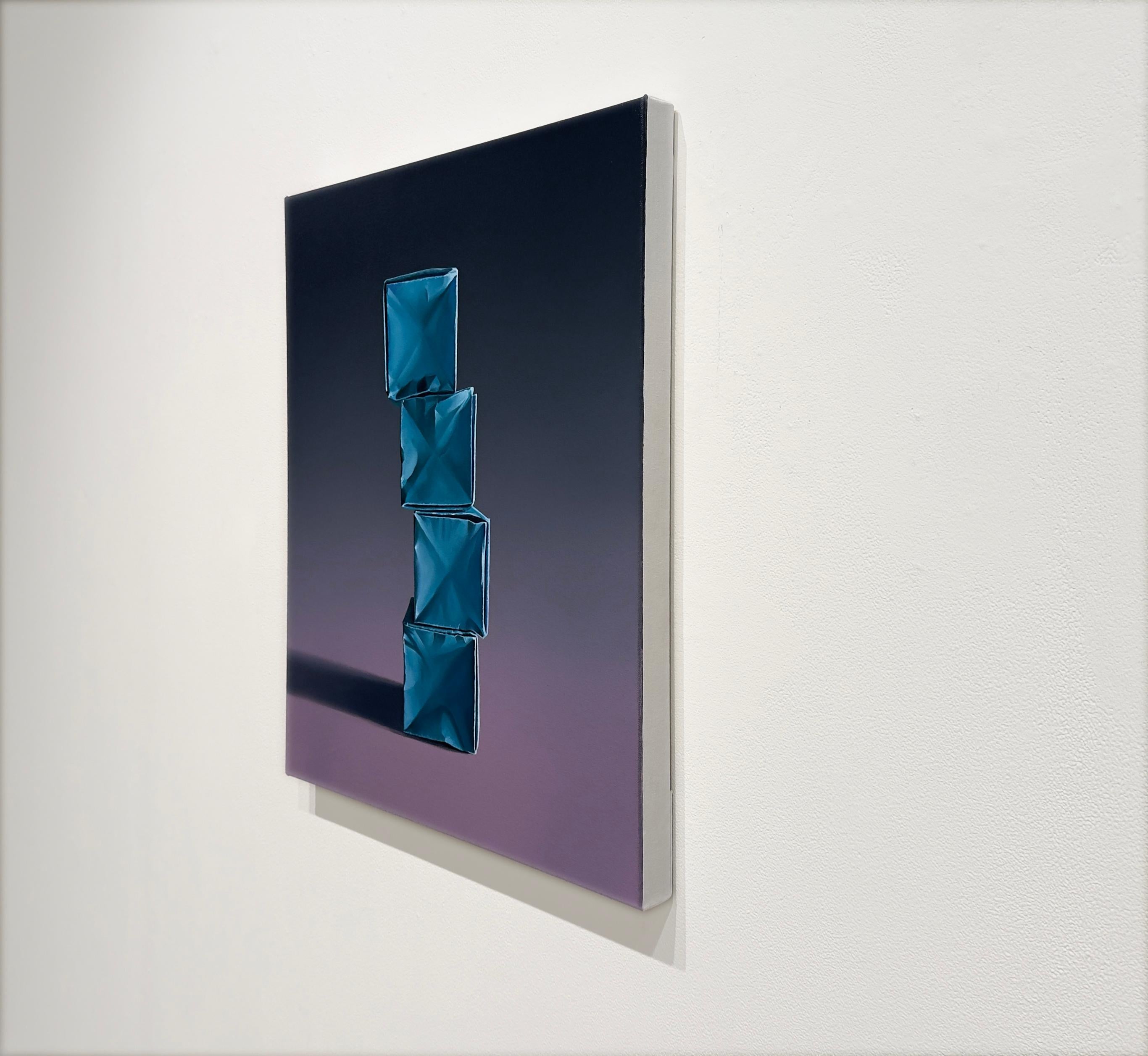 PAPER BOXES: COMPOSITION WITH A TEAL STACK ON PURPLE/GRAY GRADIENT - Contemporary Painting by Kevin Palme 