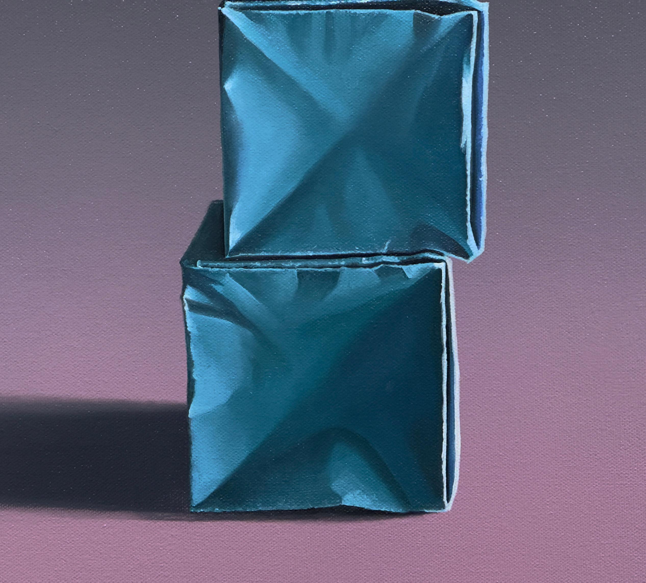 PAPER BOXES: COMPOSITION WITH A TEAL STACK ON PURPLE/GRAY GRADIENT For Sale 1