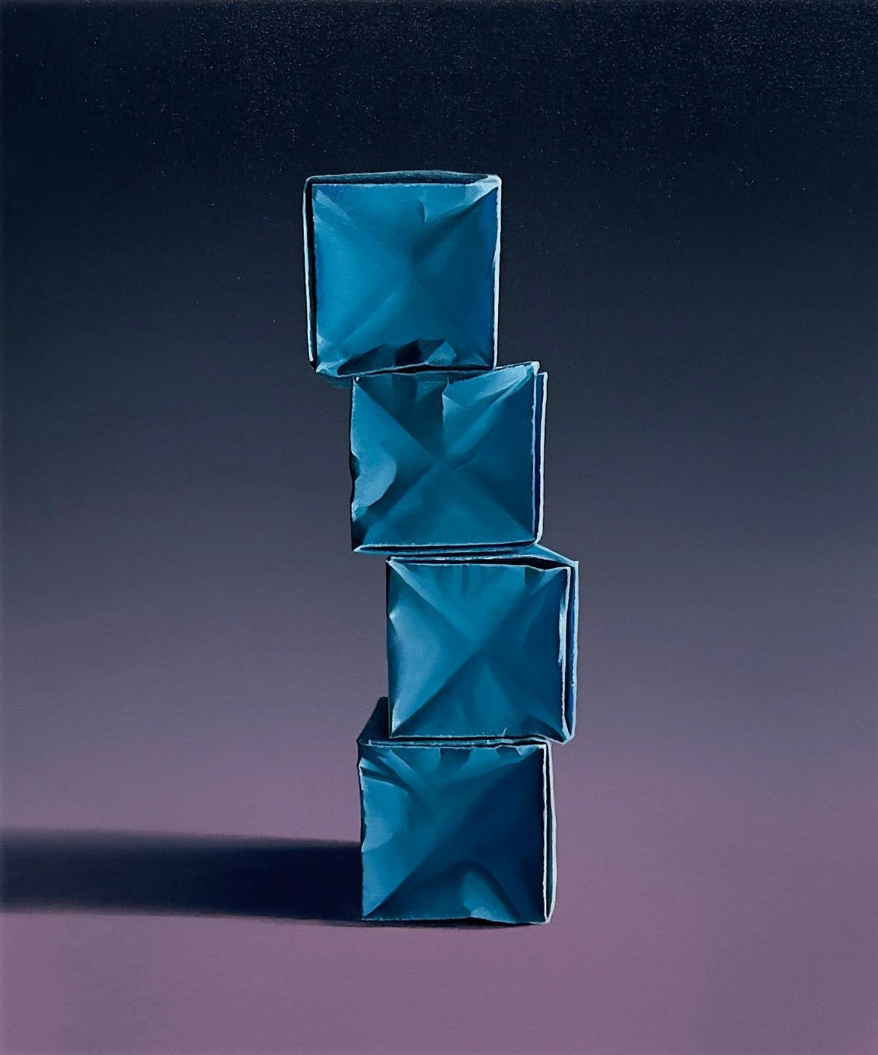 Kevin Palme  Still-Life Painting - PAPER BOXES: COMPOSITION WITH A TEAL STACK ON PURPLE/GRAY GRADIENT