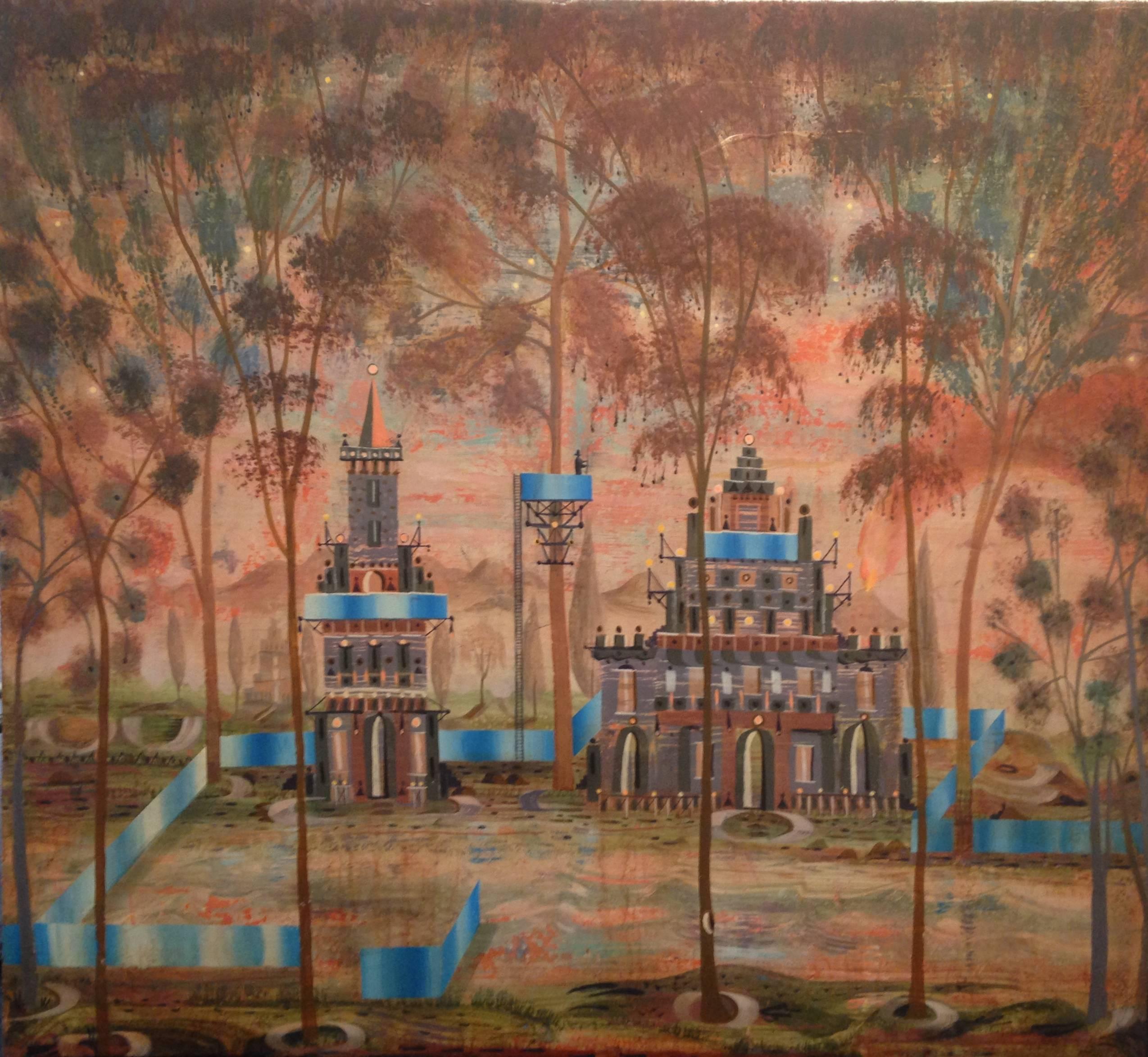 Kevin Paulsen Landscape Painting - Last Man Standing in the Last Bastion, Trees and City Landscape in Coral, Blue