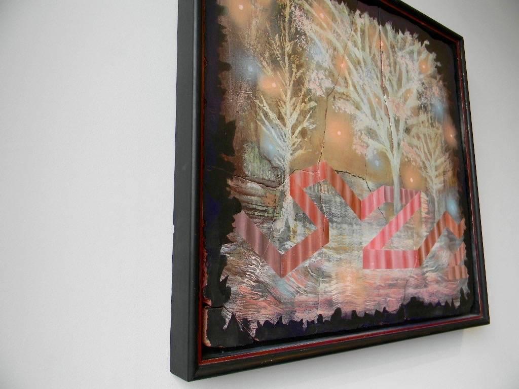 In Kevin Paulen's Metaphysical Fence 3, a mystical landscape emerges from an antique looking painting. An abstract red and pink striped fence meanders around stark white threes and fairy lights.

Kevin Paulsen uses paint and pigmented plaster to