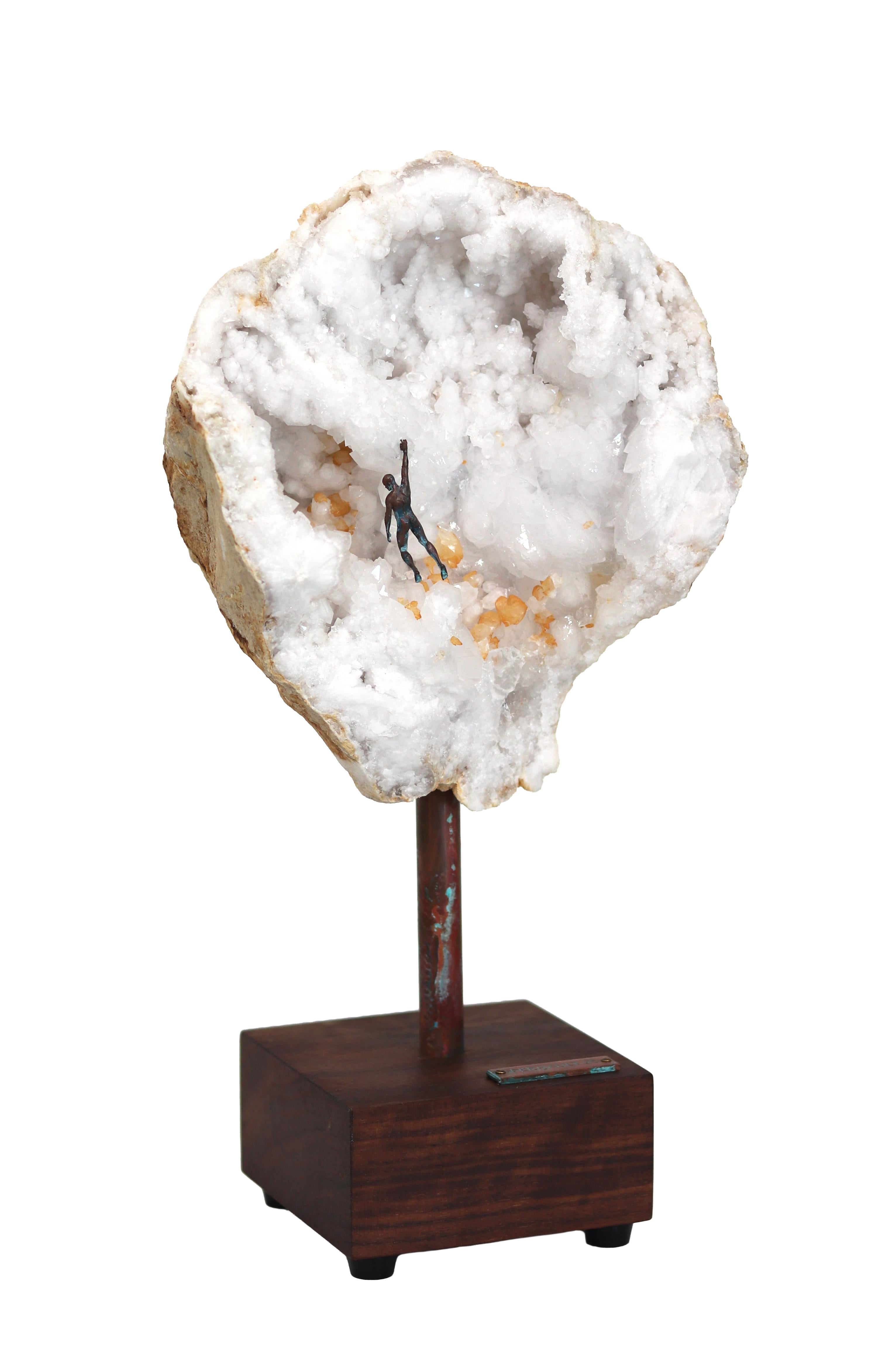 Kevin Perrault Figurative Sculpture - Climb 001 - Geode Crystal Open Stone Metal Figurative Rock Climbing Sculpture
