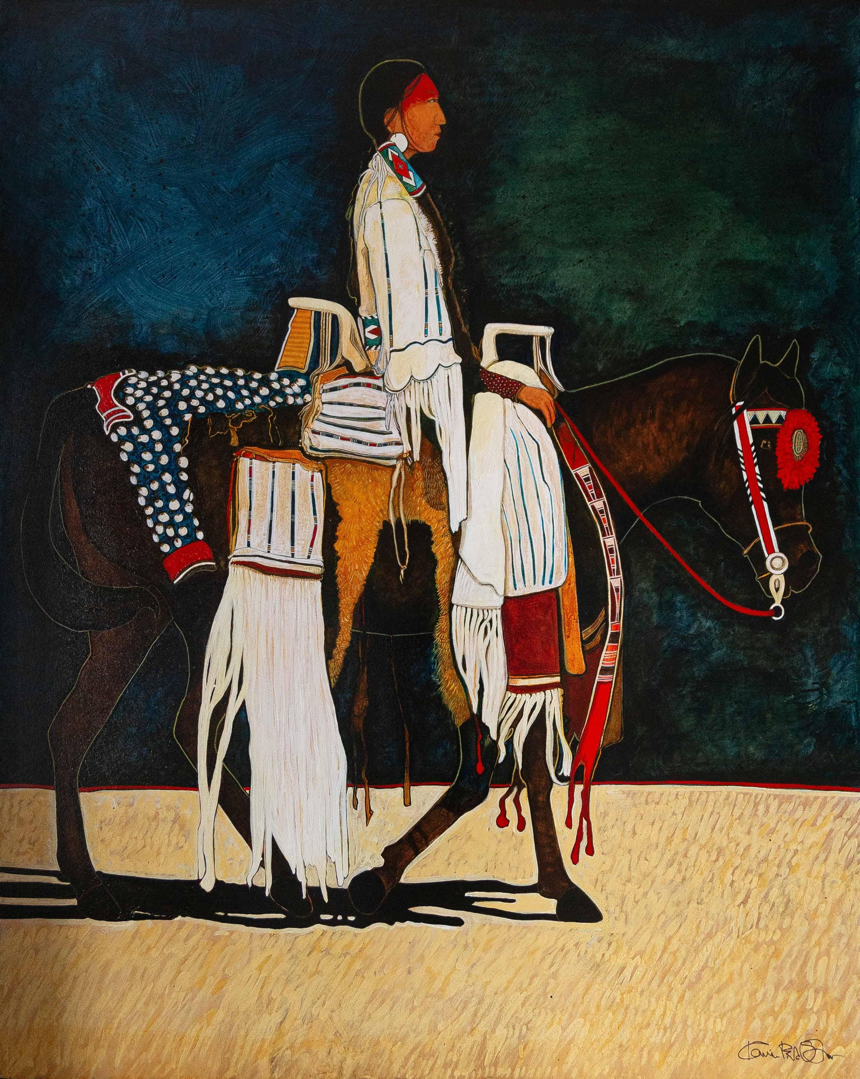 Crow Indianermädchen auf jungem Paradepony Original Kevin Red Star Acrylgemälde im Angebot 1