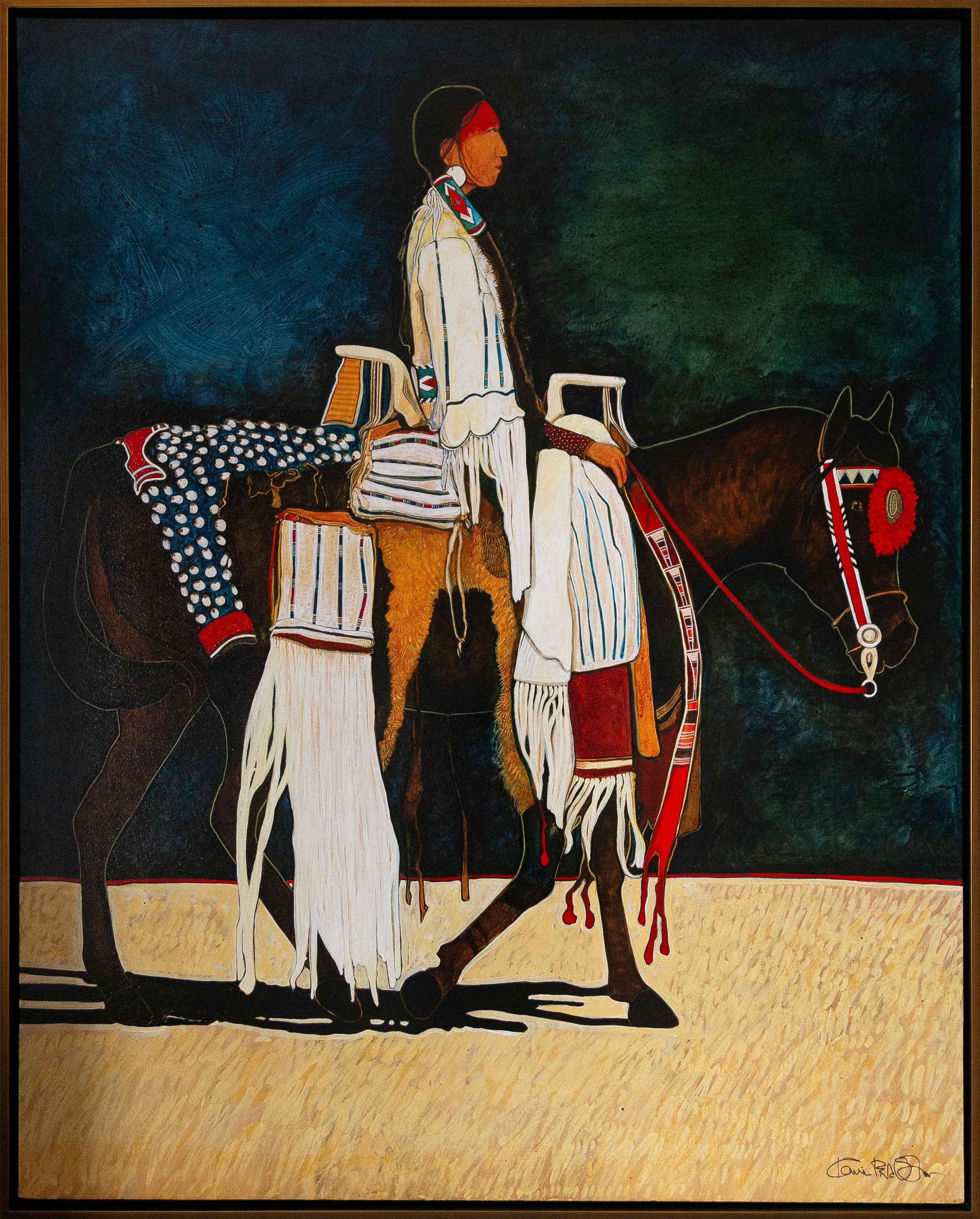 "Crow Indian Girl on Young Parade Pony" von Kevin Red Star. 60" x 48", 63" x 51" (gerahmt in einem kleinen Wechselrahmen). Acrylfarbe auf aufgespannter Leinwand. Dies ist ein Krähenmädchen auf dem Pony ihrer Schwestern, das für eine Parade trainiert